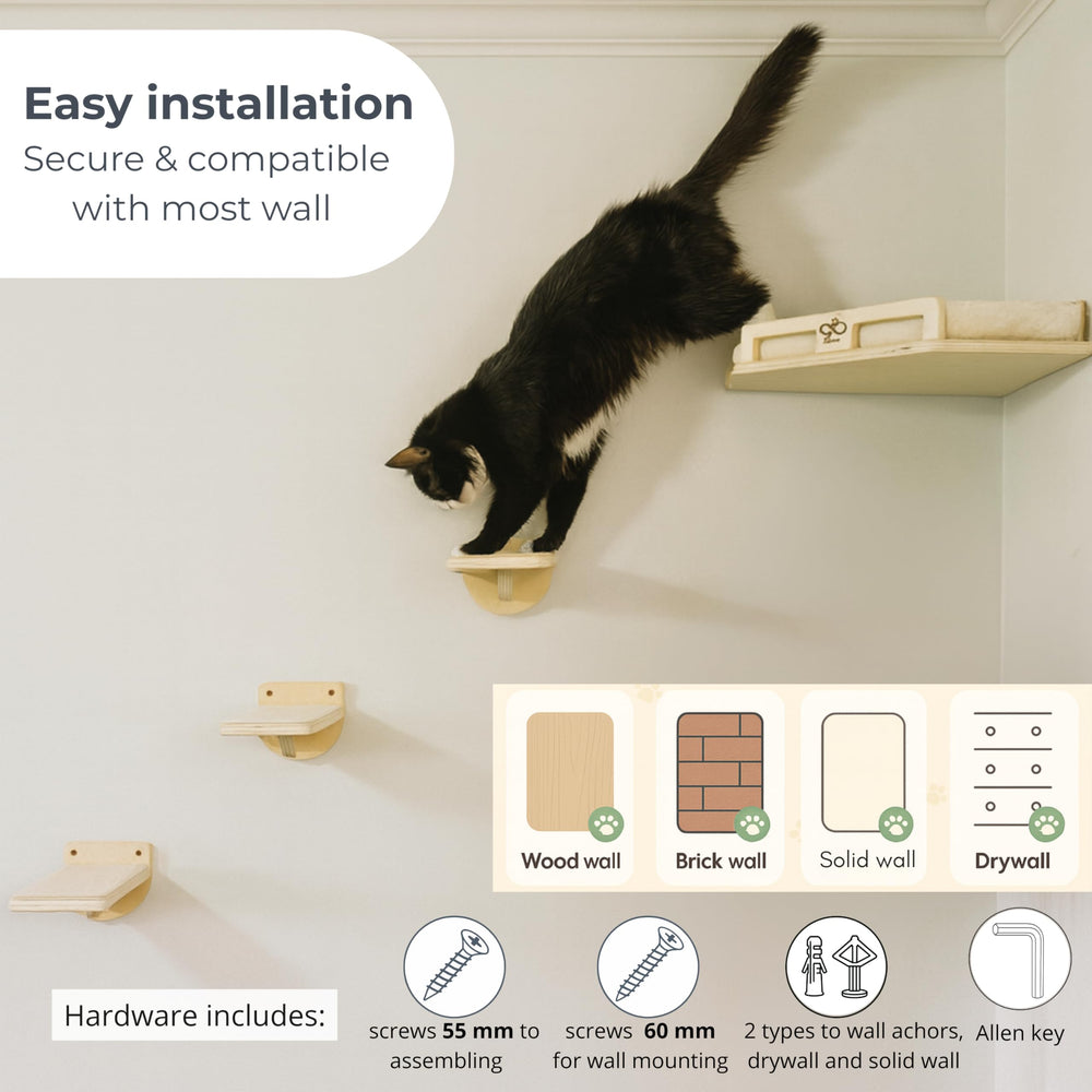 CUBHUG 3-steps cat wall shelves illustrate climbing and lounging at height.