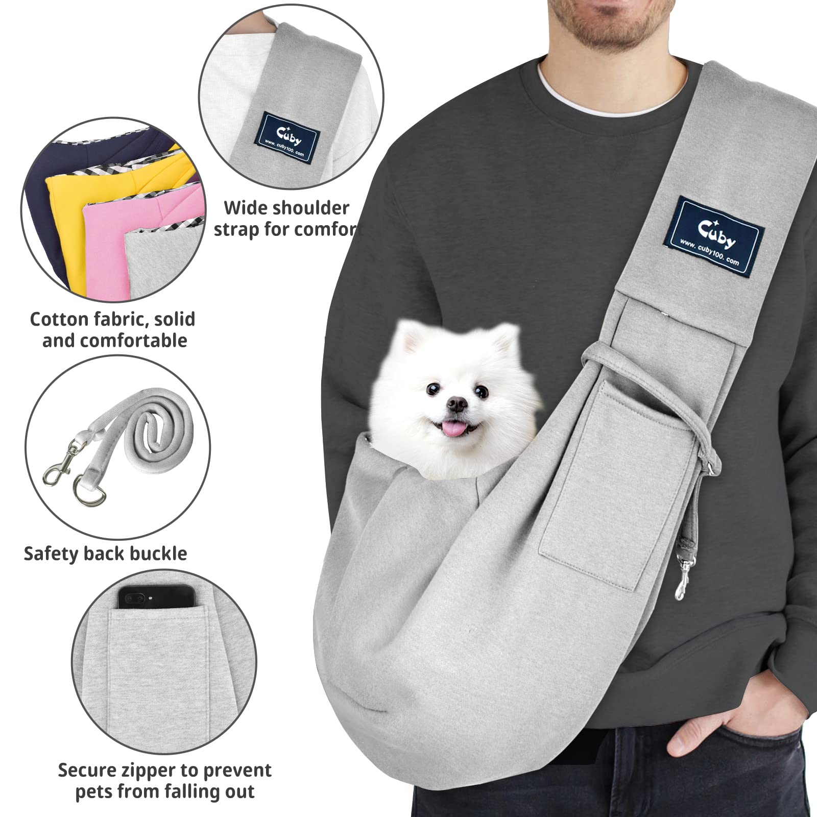 Cuby sling carrier worn on shoulder demonstrates comfortable, secure positioning for small pets.