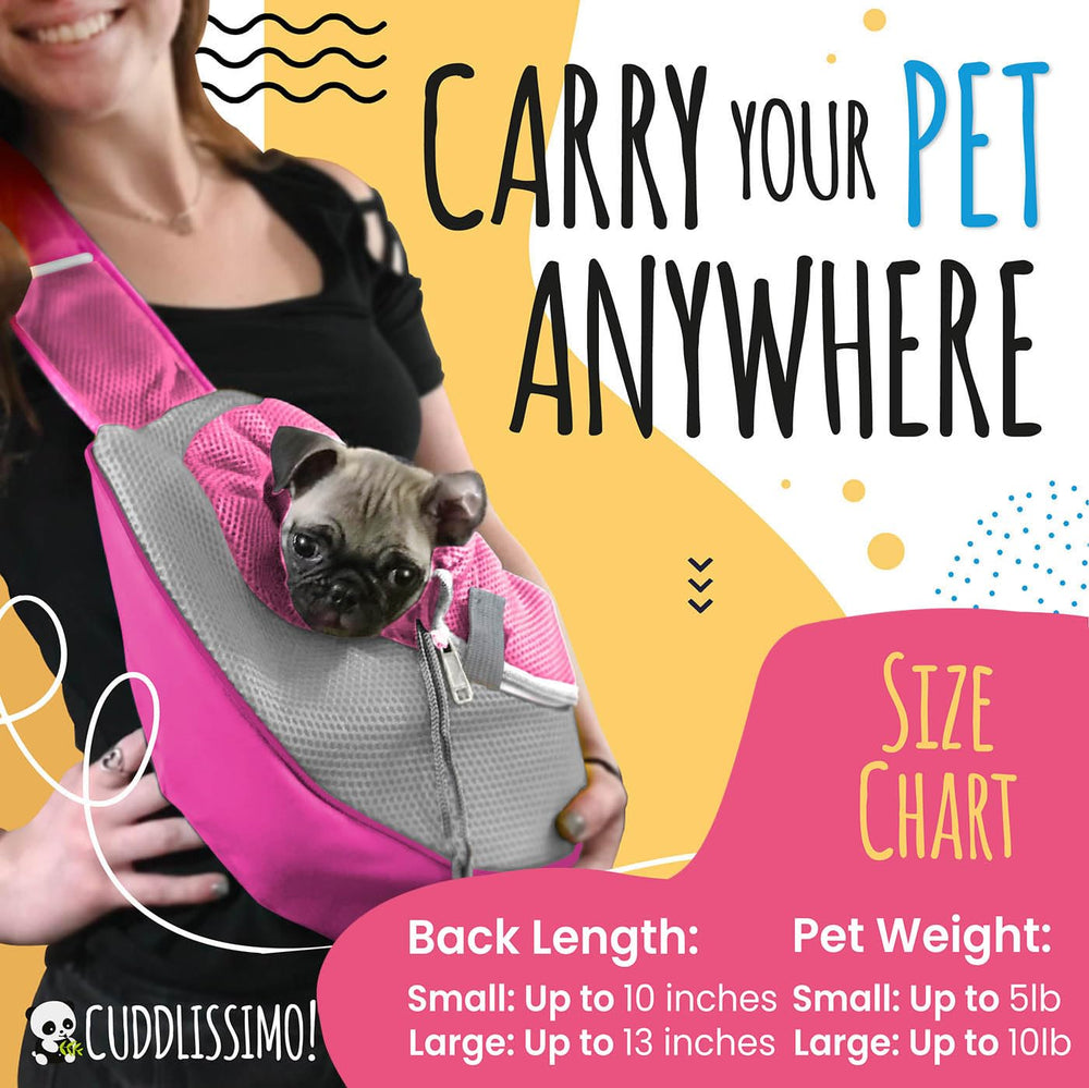 Cuddlissimo! pet sling drawstring-opening highlights adjustable safety access for small pets.