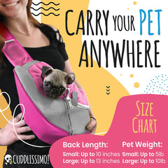 Cuddlissimo! pet sling drawstring-opening highlights adjustable safety access for small pets.