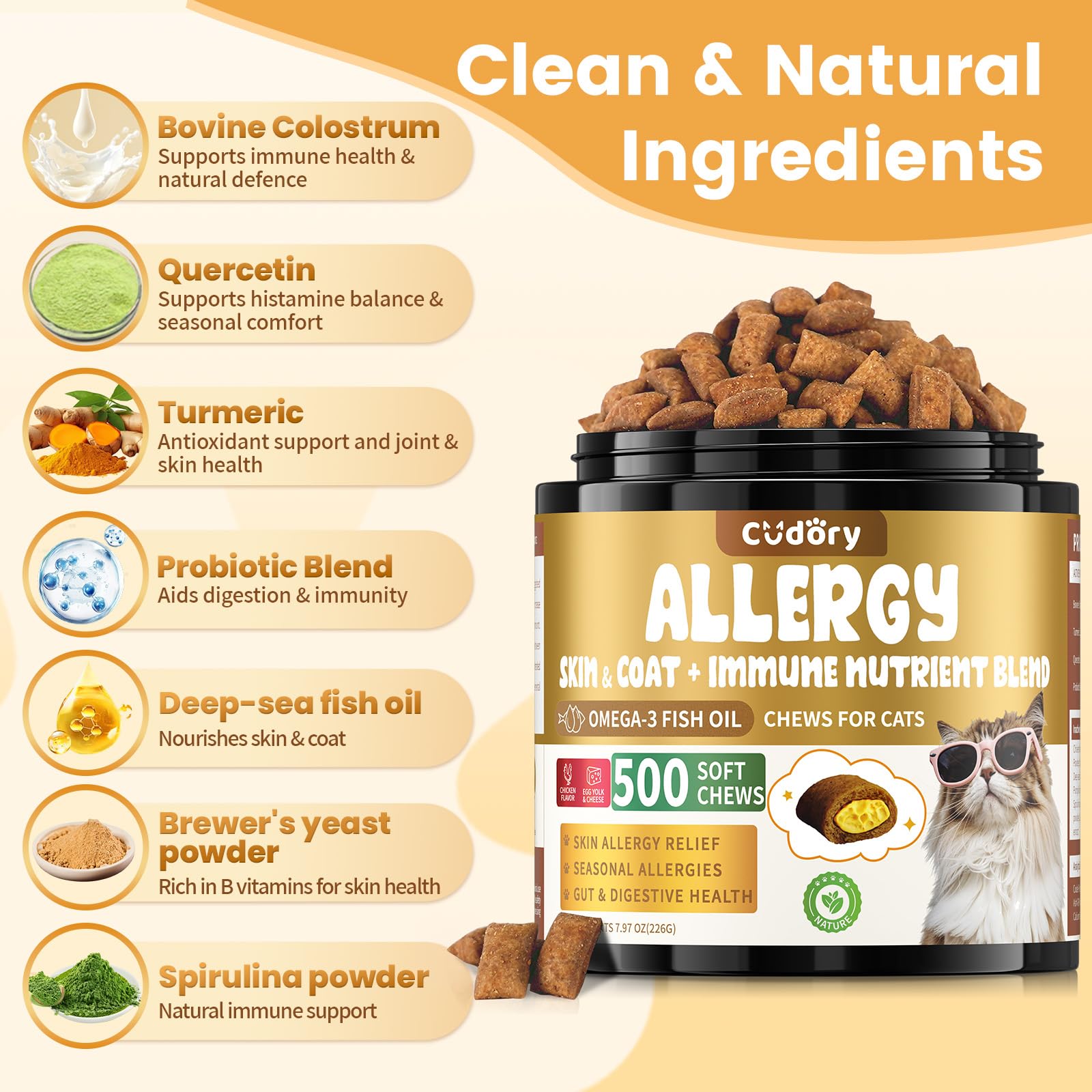 Cudory cat allergy chews probiotic blend – promotes gut balance and nutrient absorption