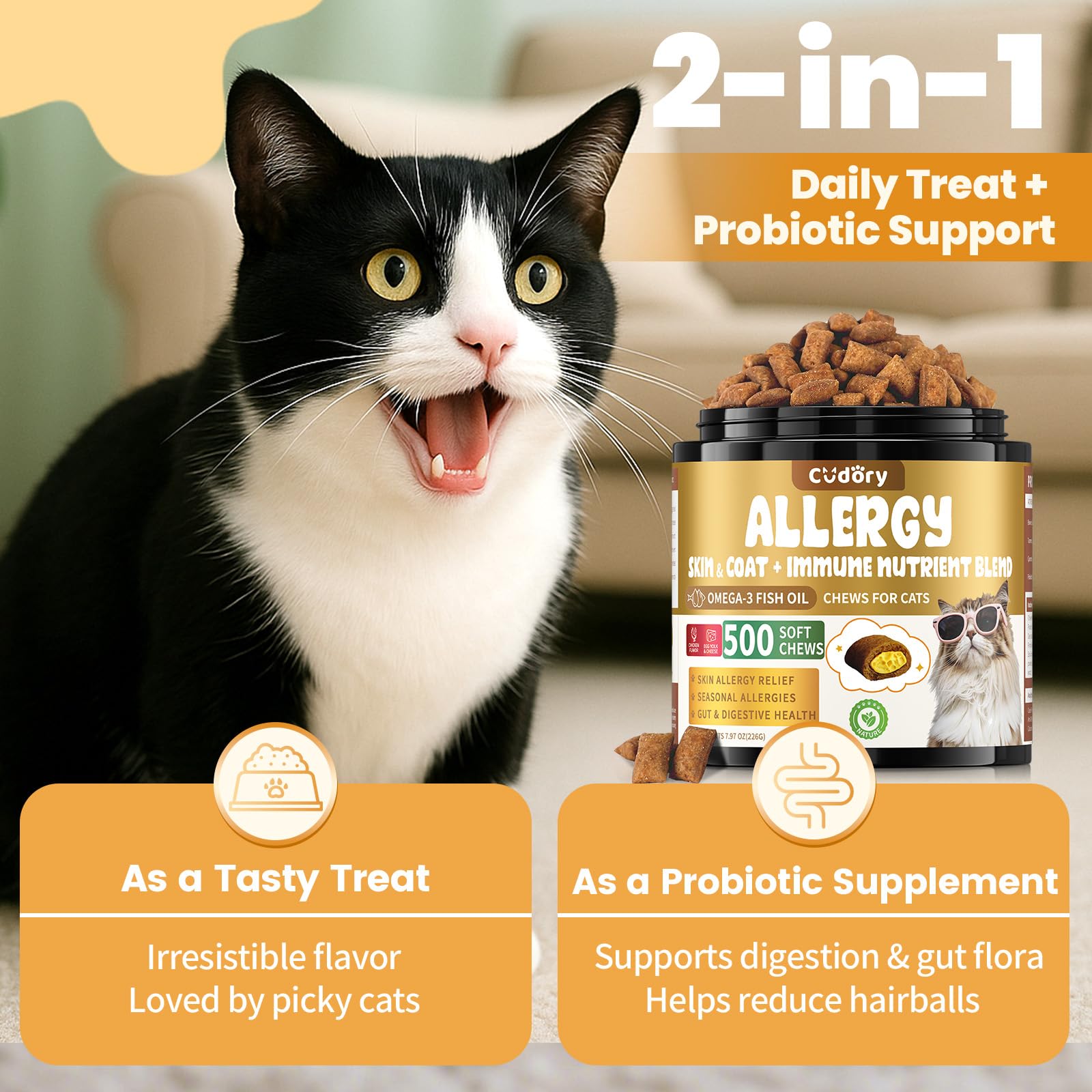 Cudory cat allergy chews skin coat ingredients – supports skin moisture and coat shine