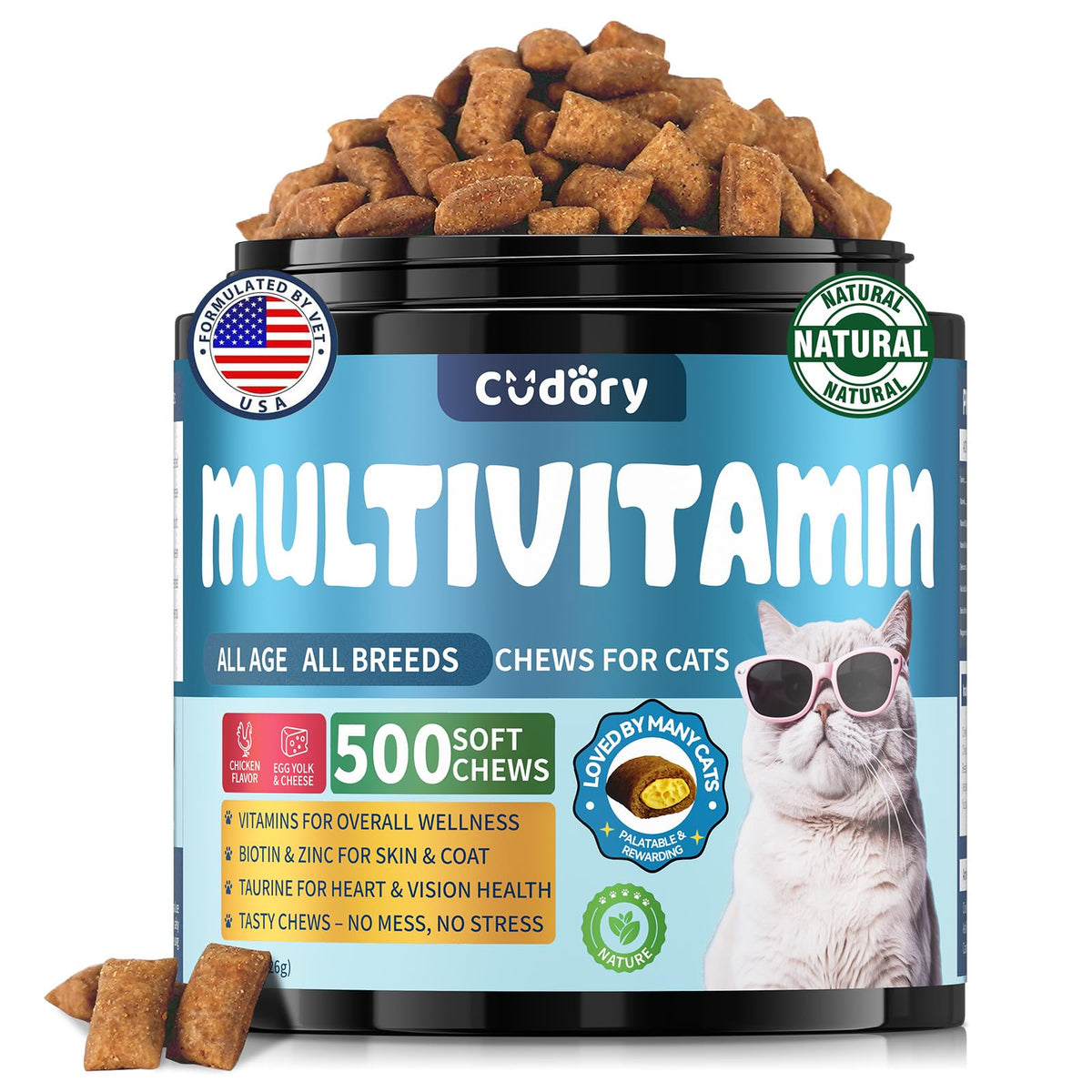 Cudory Cat Multivitamin chews-treats show a tasty daily energy and coat-support option