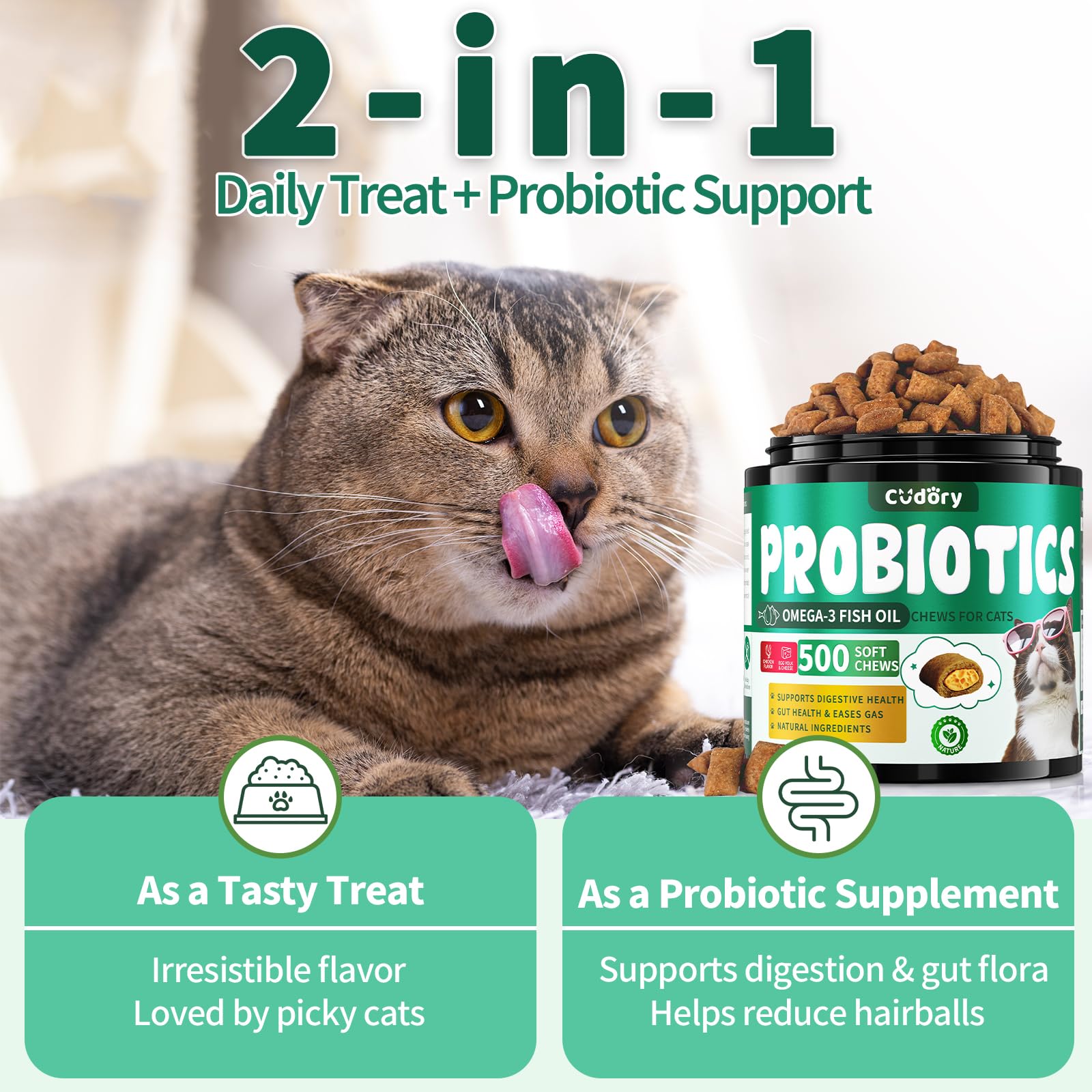 Cat enjoying Cudory Probiotics Chews supports daily gut-friendly routine.