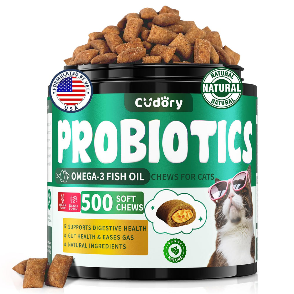 Cudory Cat Probiotics Chews packaging showcases gut-support supplement.