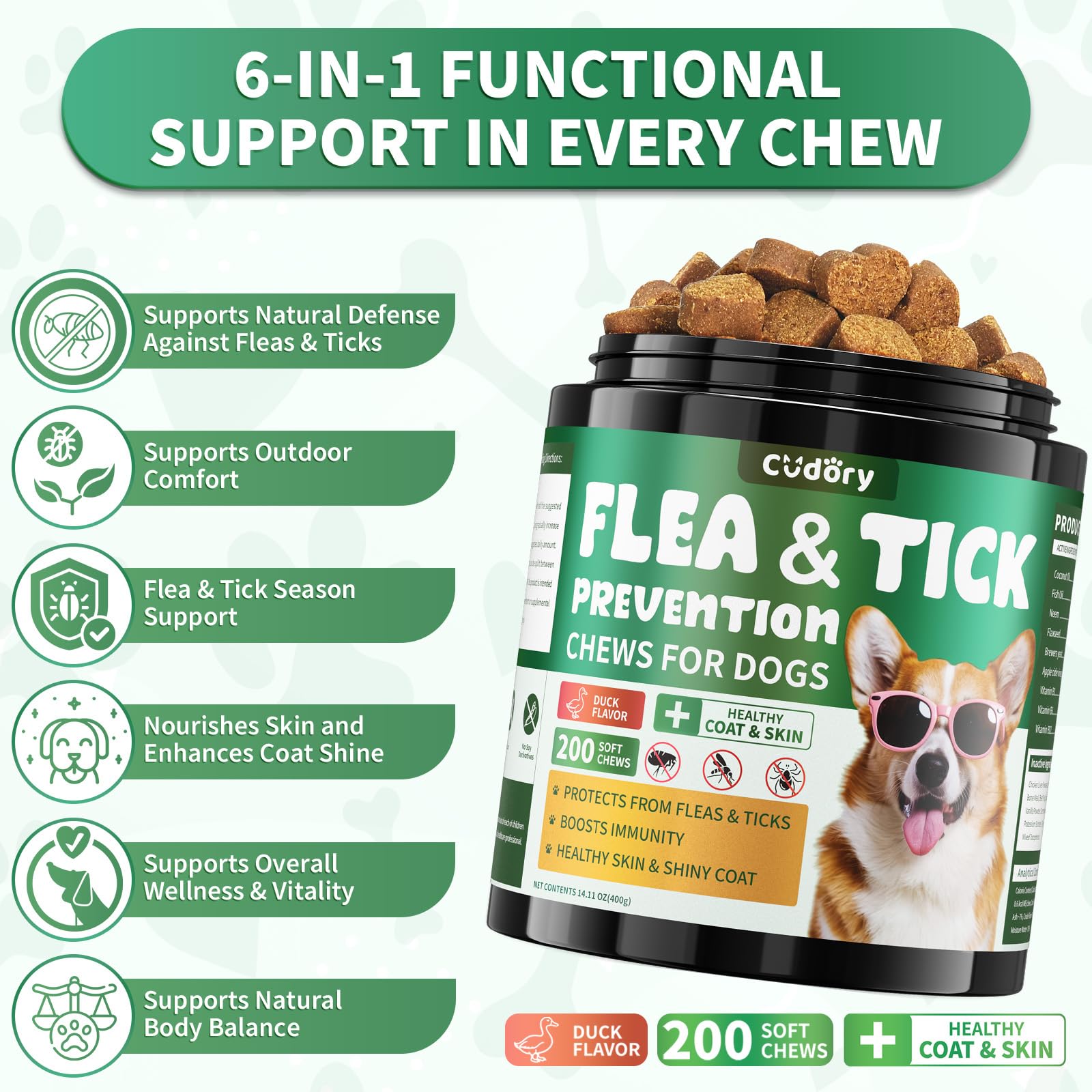 Cudory duck-flavored chews shown in a jar, for enjoyable daily dosing.