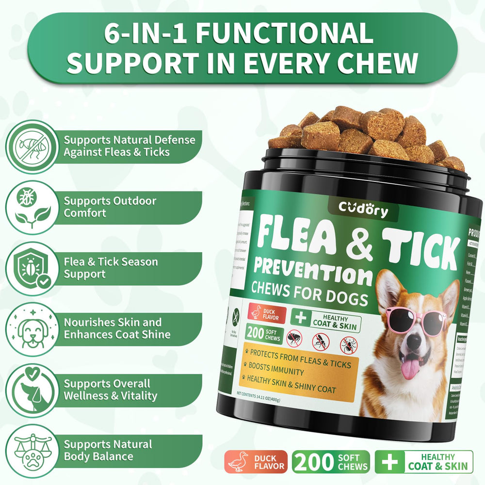 Cudory duck-flavored chews shown in a jar, for enjoyable daily dosing.