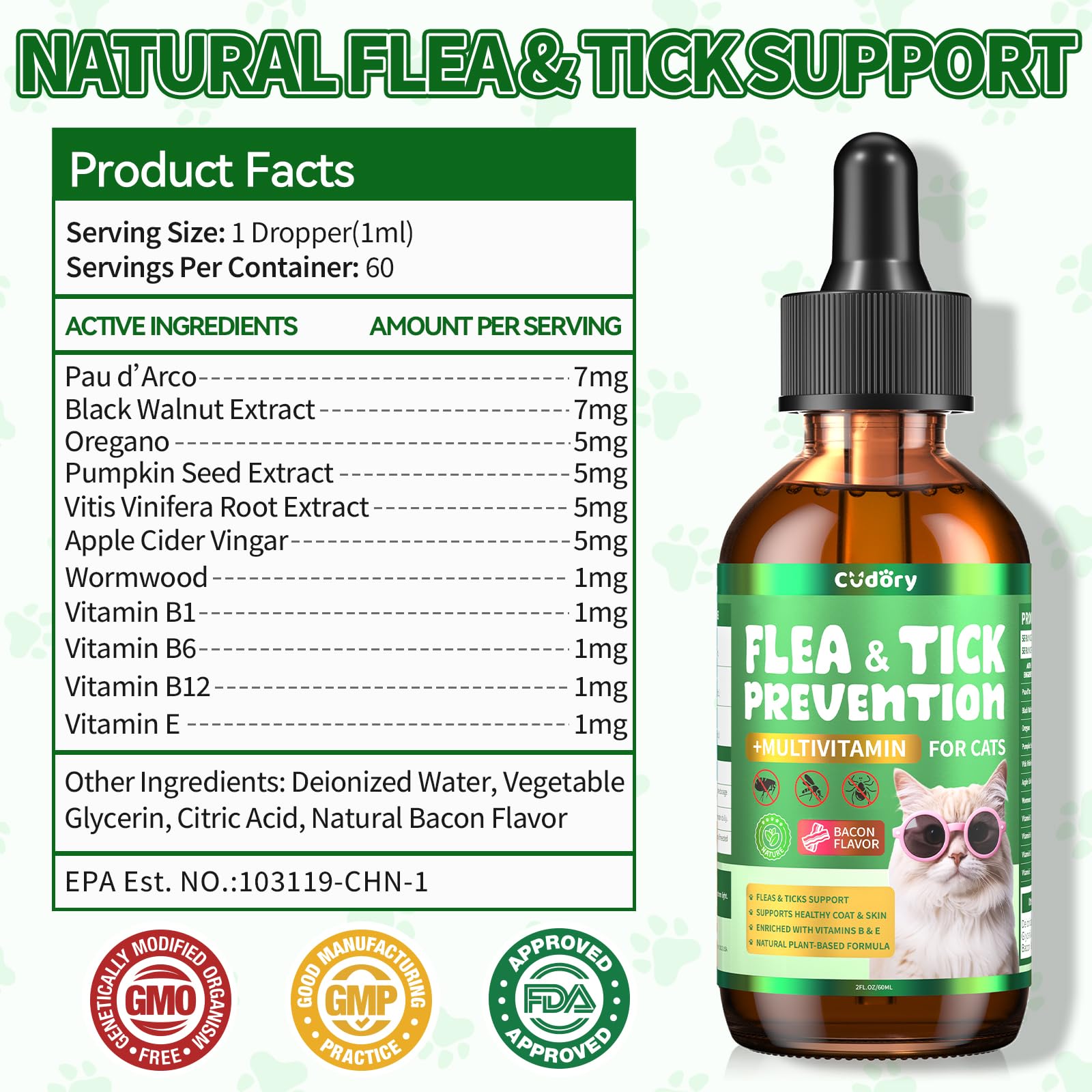 Cudory Flea & Tick Cat Drops bottle-closeup emphasizes clarity and bacon flavor appeal.