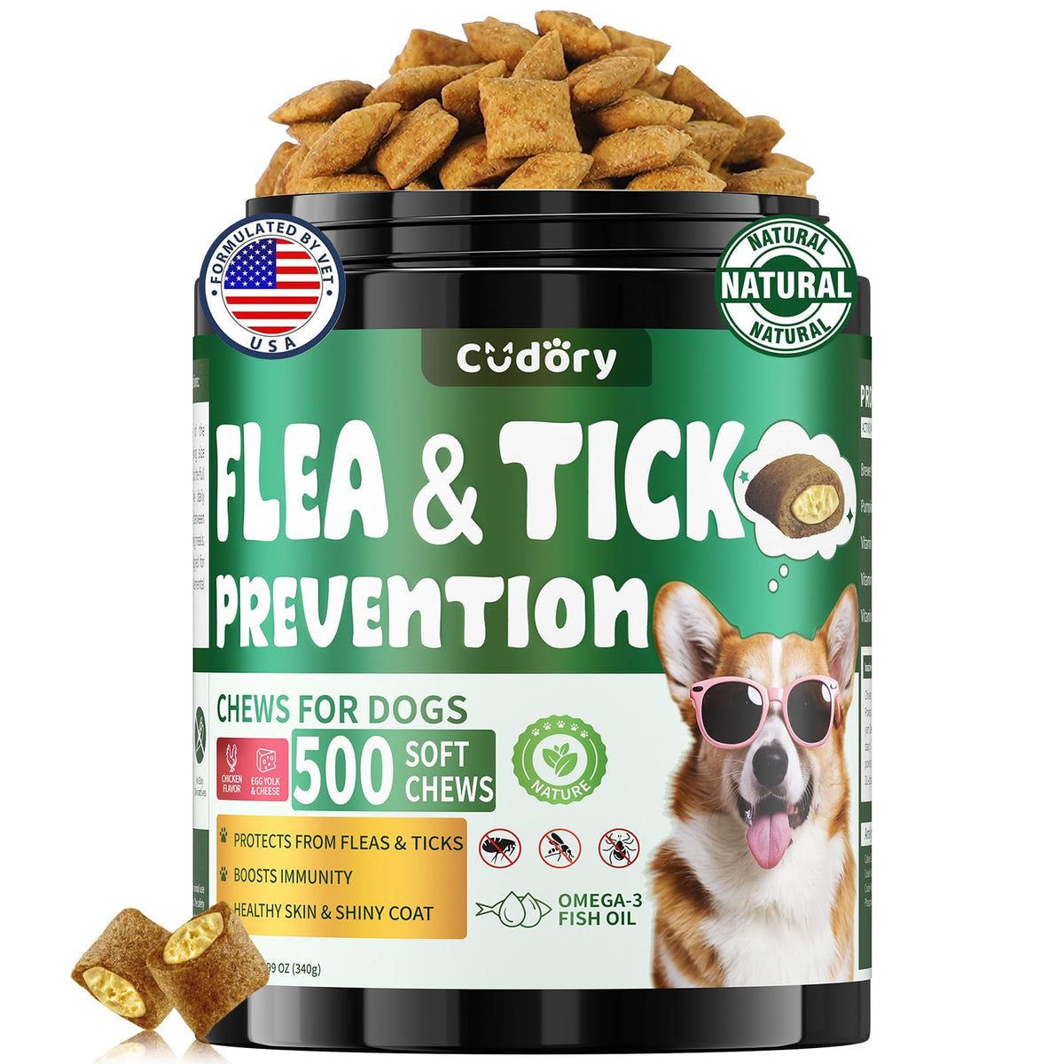 Cudory flea-tick chews bottle highlights coat vitality support.