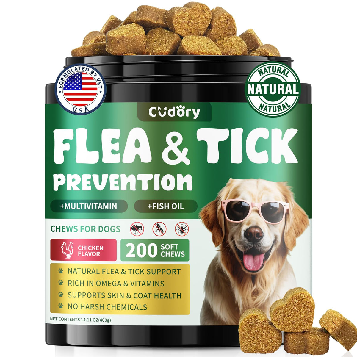 Cudory flea-tick soft chews bottle showcases natural support for fleas and ticks.