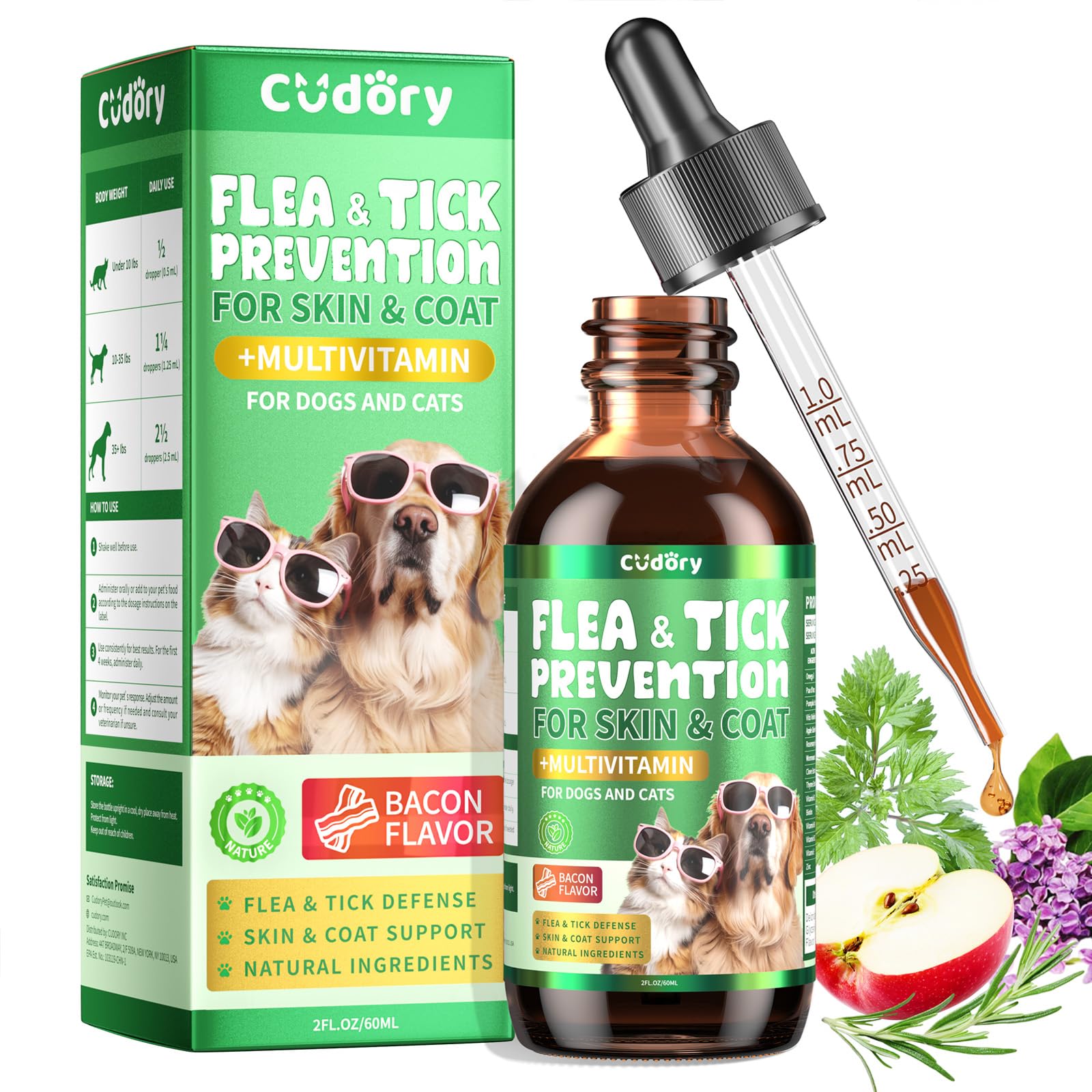 Cudory flea-tick-drops bacon bottle for daily pet protection.