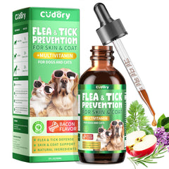 Cudory flea-tick-drops bacon bottle for daily pet protection.
