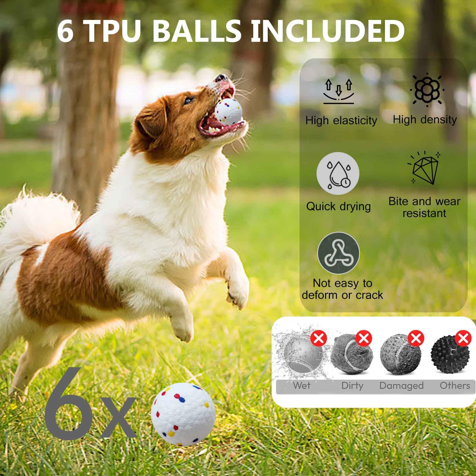Cuelab etpu balls closeup emphasizing durable, easy-clean tennis balls for robust fetch.