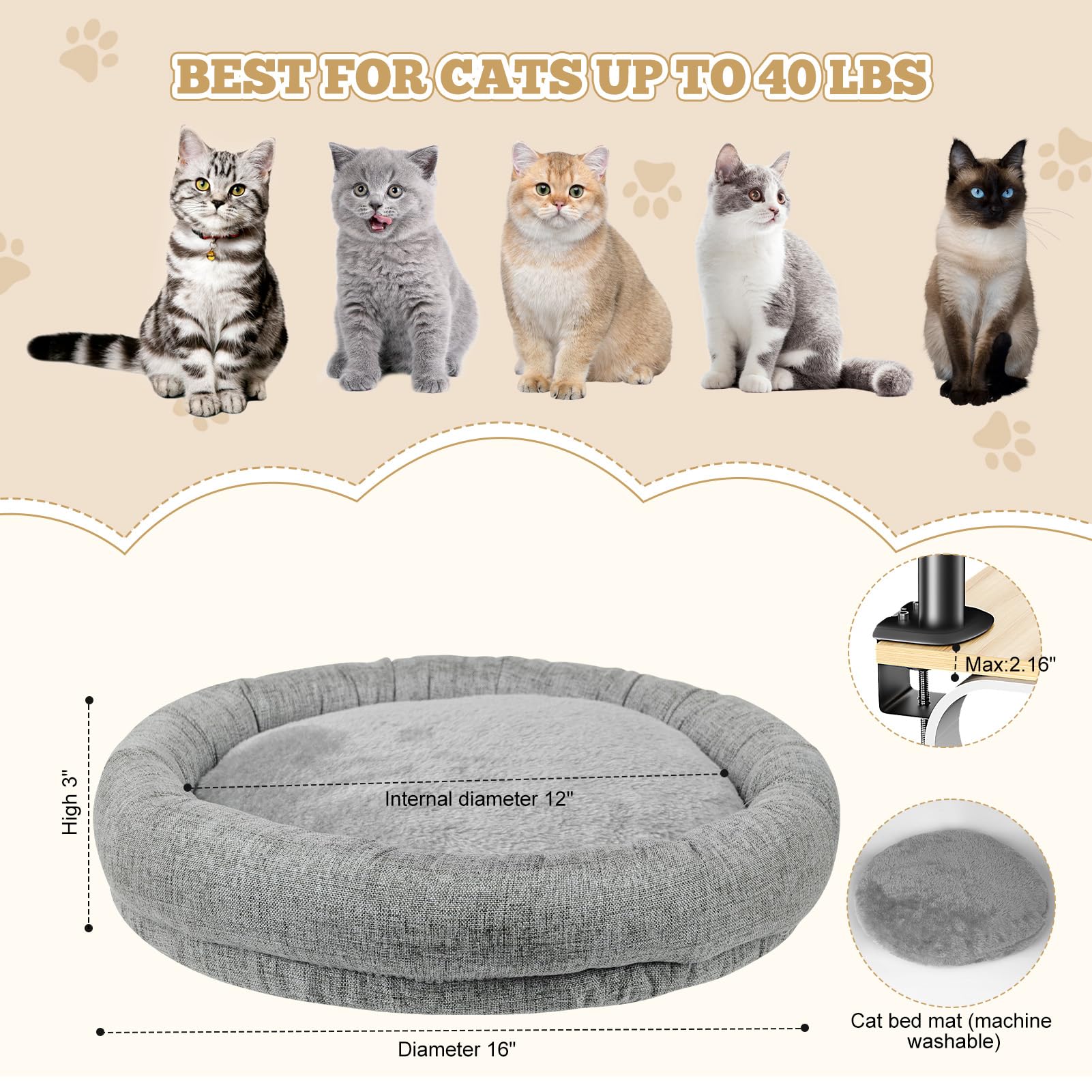 Cuipingoo cat bed sturdy metal stand supports cats up to 40 pounds.