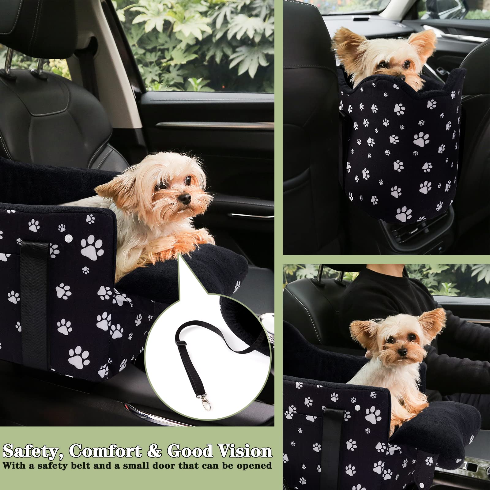 Cullaby center console dog car seat installed on armrest for intimate car rides.