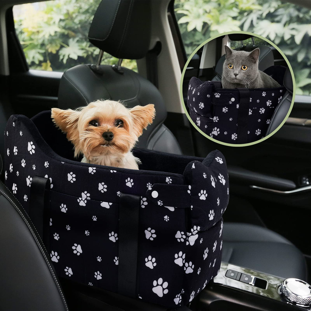 Cullaby center console dog car seat front view for secure travel with small dogs.