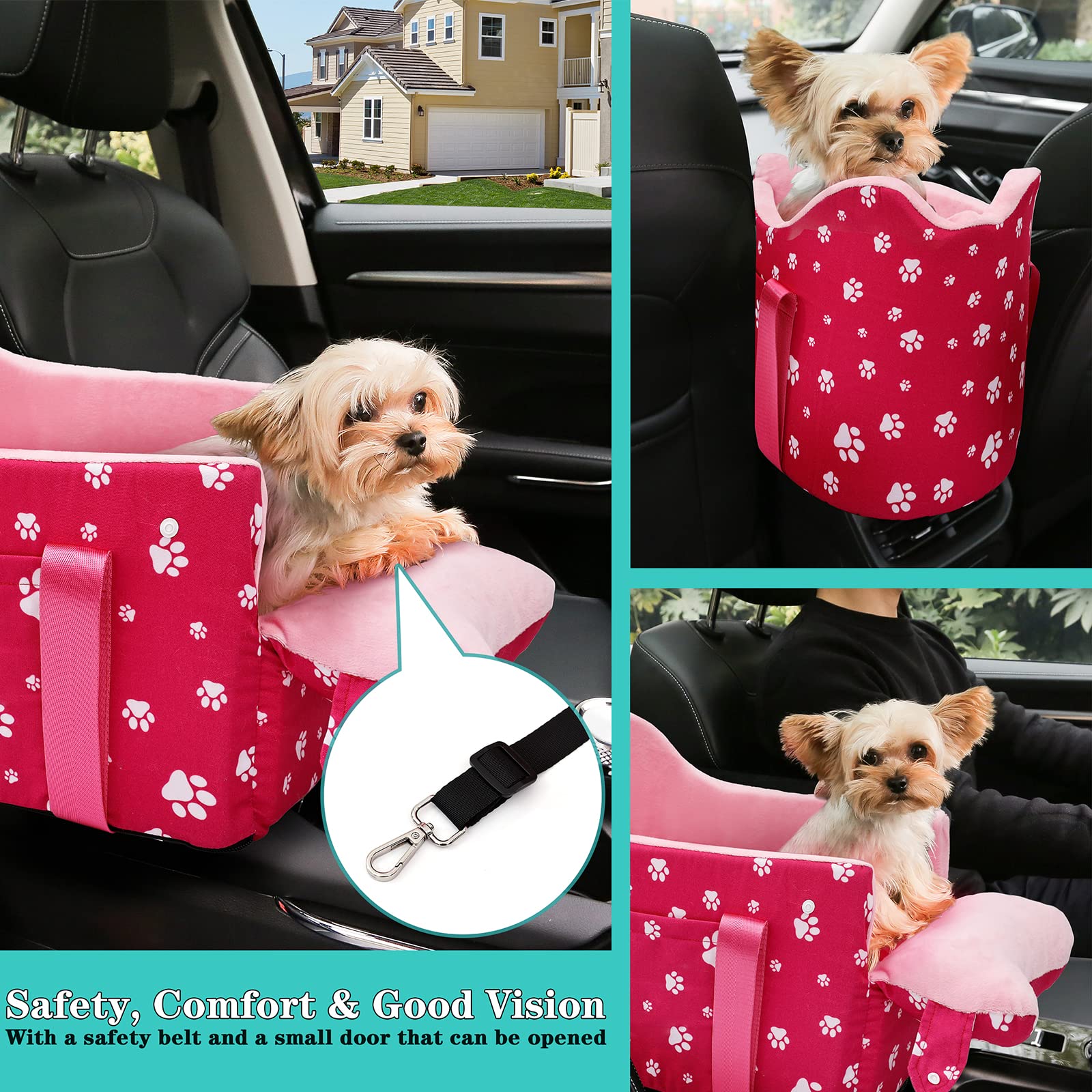 Cullaby center-console dog car seat pink side view highlights compact fit.