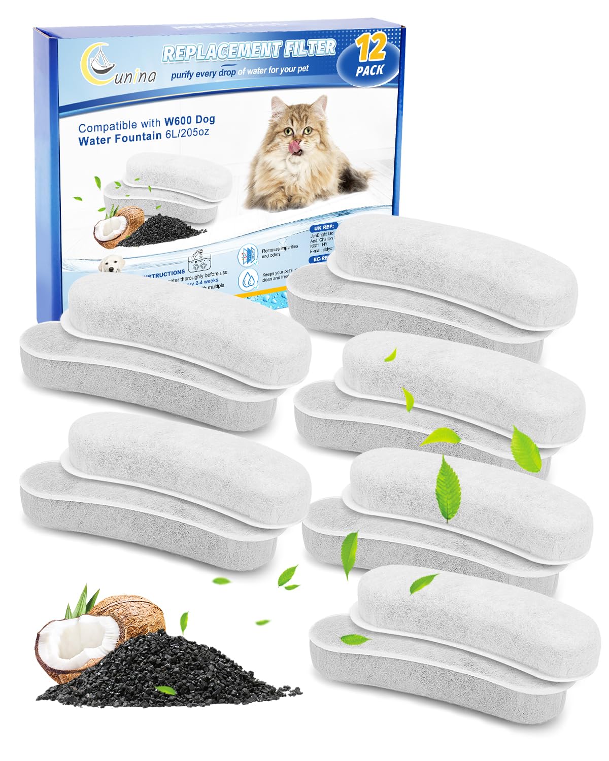 Cunina 12-pack dog fountain filters packaging for convenient replacement and clean water.