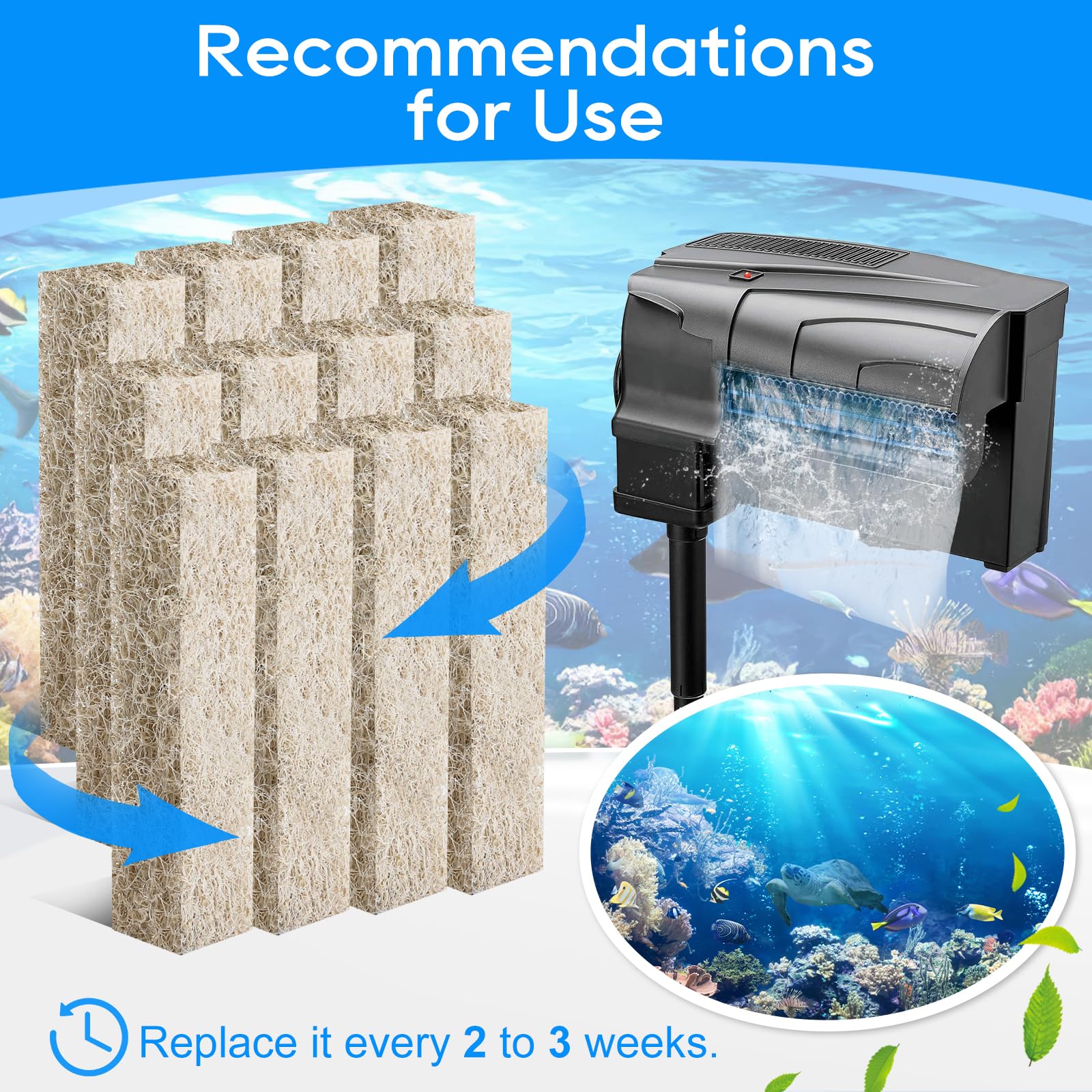 Cunina pad captures debris and reduces odors in aquarium