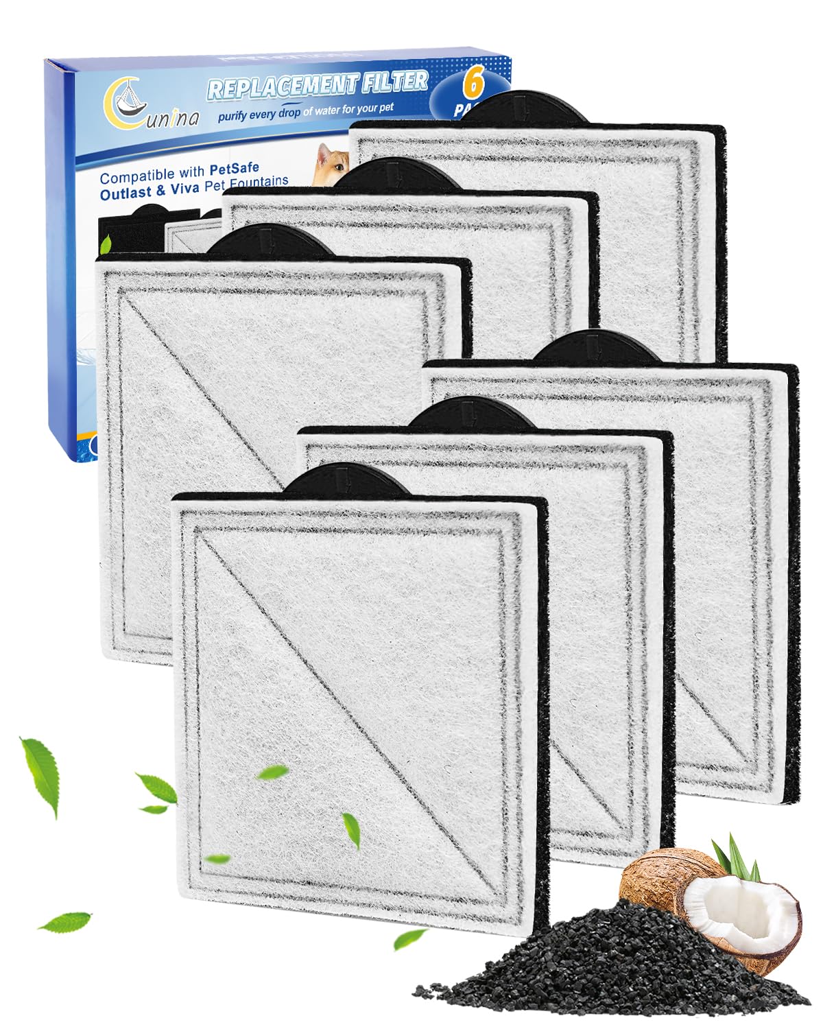Cunina cat fountain filter 6-pack packaging enables quick, clean replacements for steady hydration