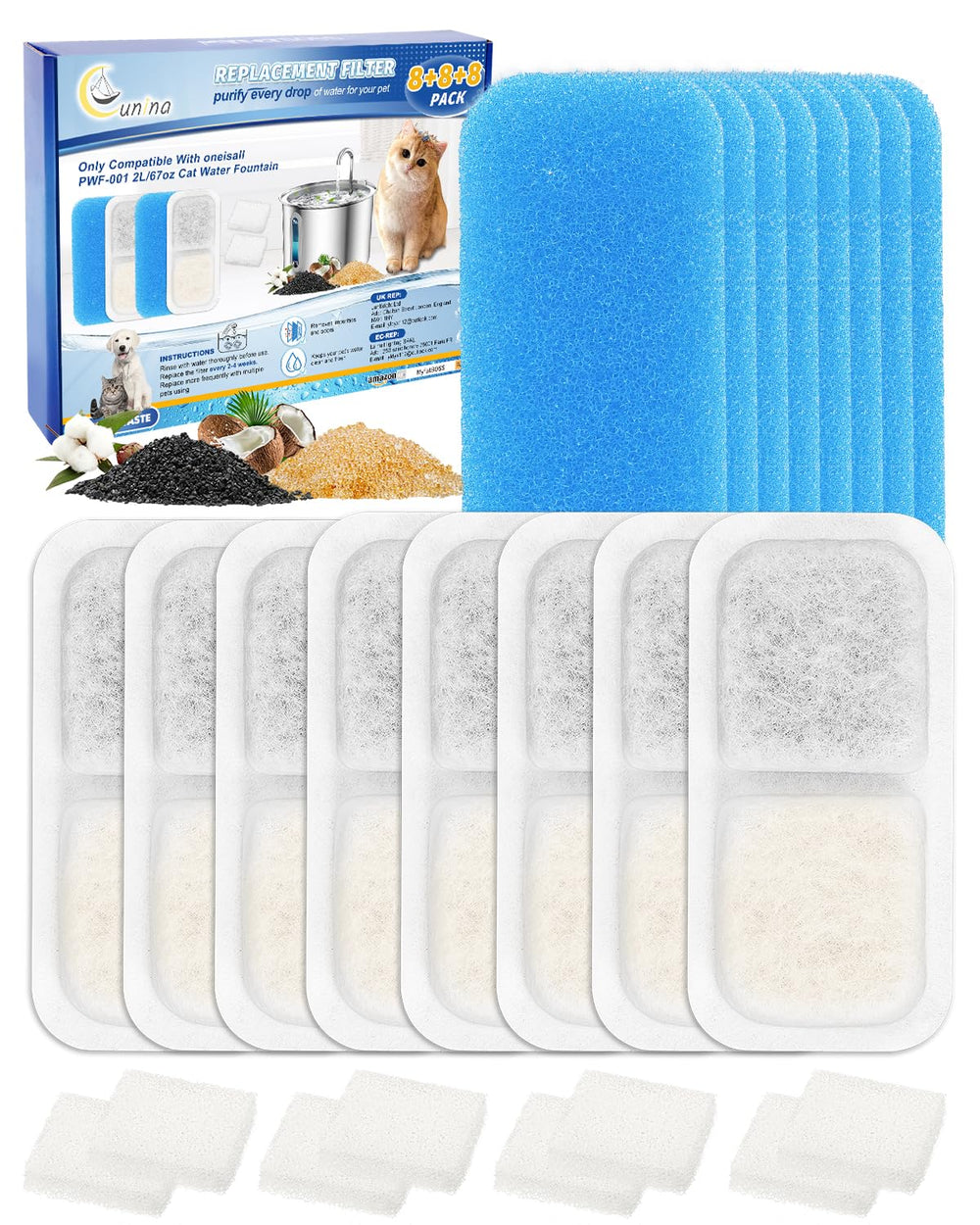 Cunina oneisall-compatible filter package shows complete filtration for clean cat drinking water