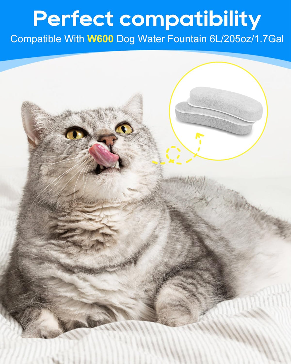 Cunina W600-compatible filter unit shows compatibility with large dog water bowls.