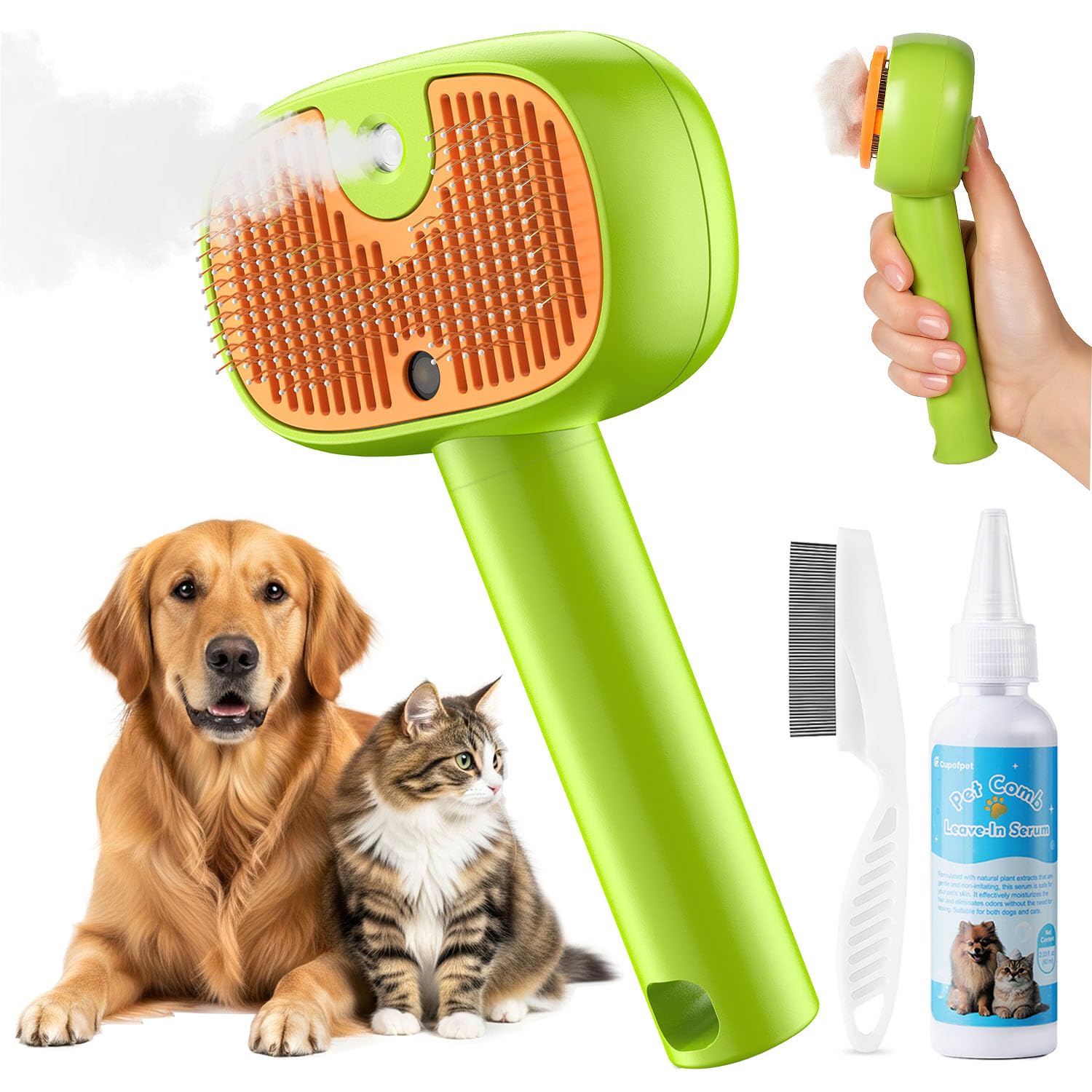 Cupofpet 4-in-1 cat steam brush close-up mist spray for efficient deshedding.
