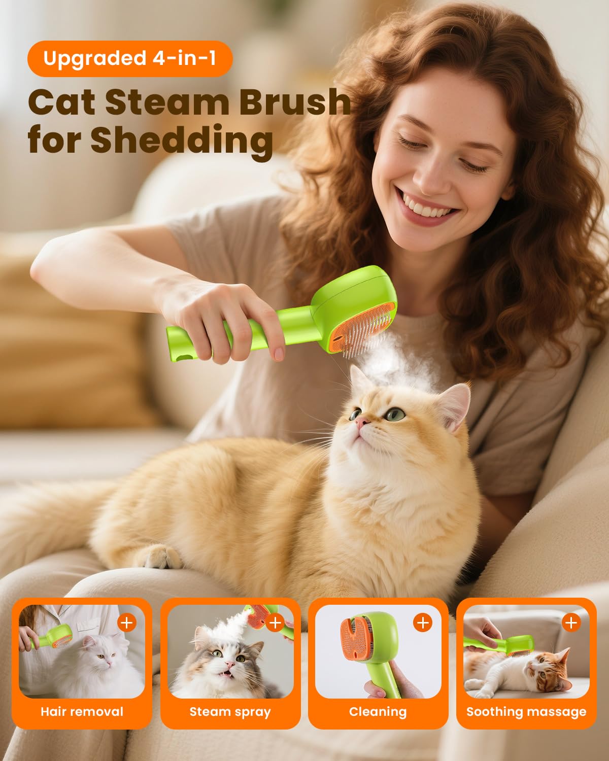 Cupofpet cat steam brush in action misting coat to loosen dirt and dander.