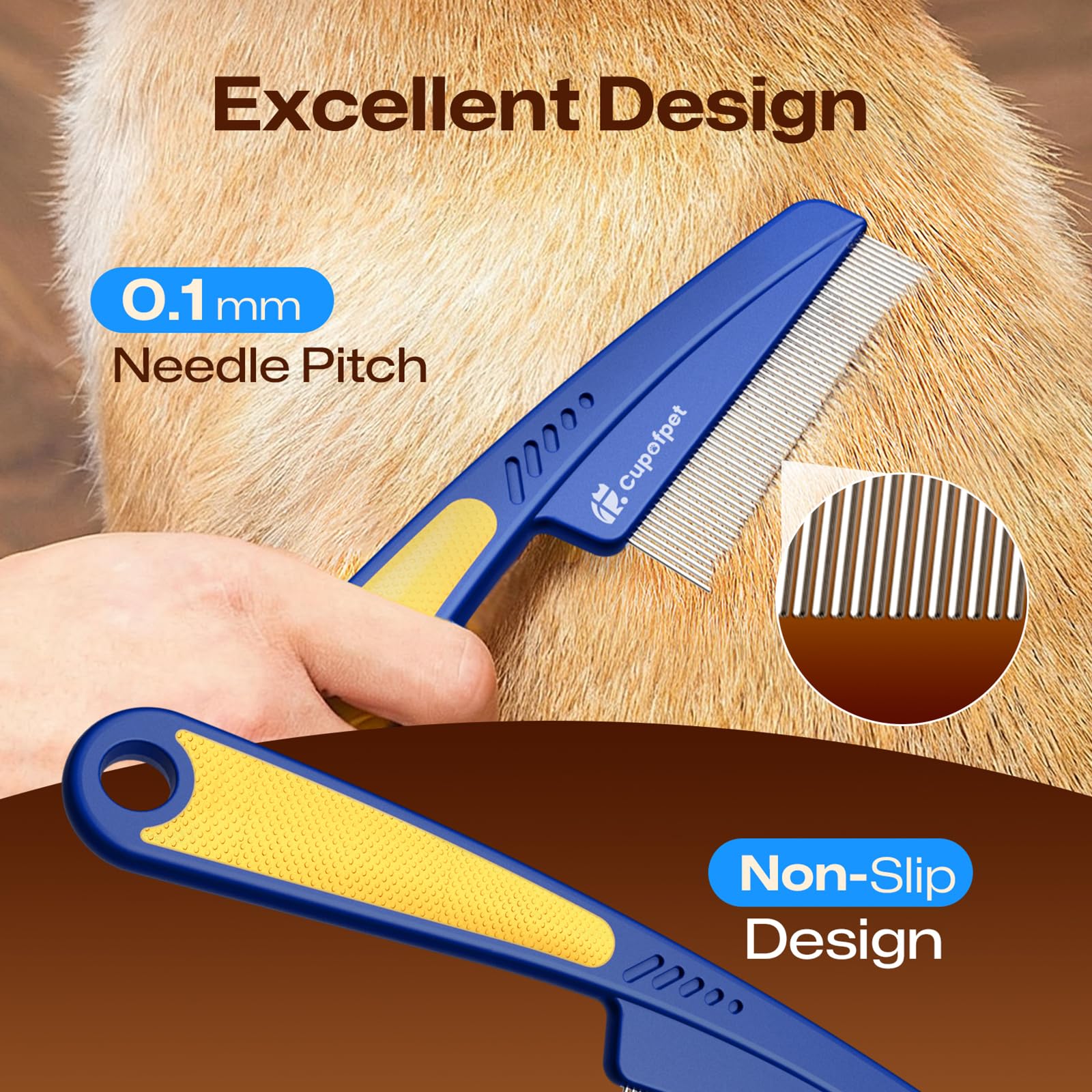 Cupofpet blue handle flea comb close-up with non-slip grip for comfort.