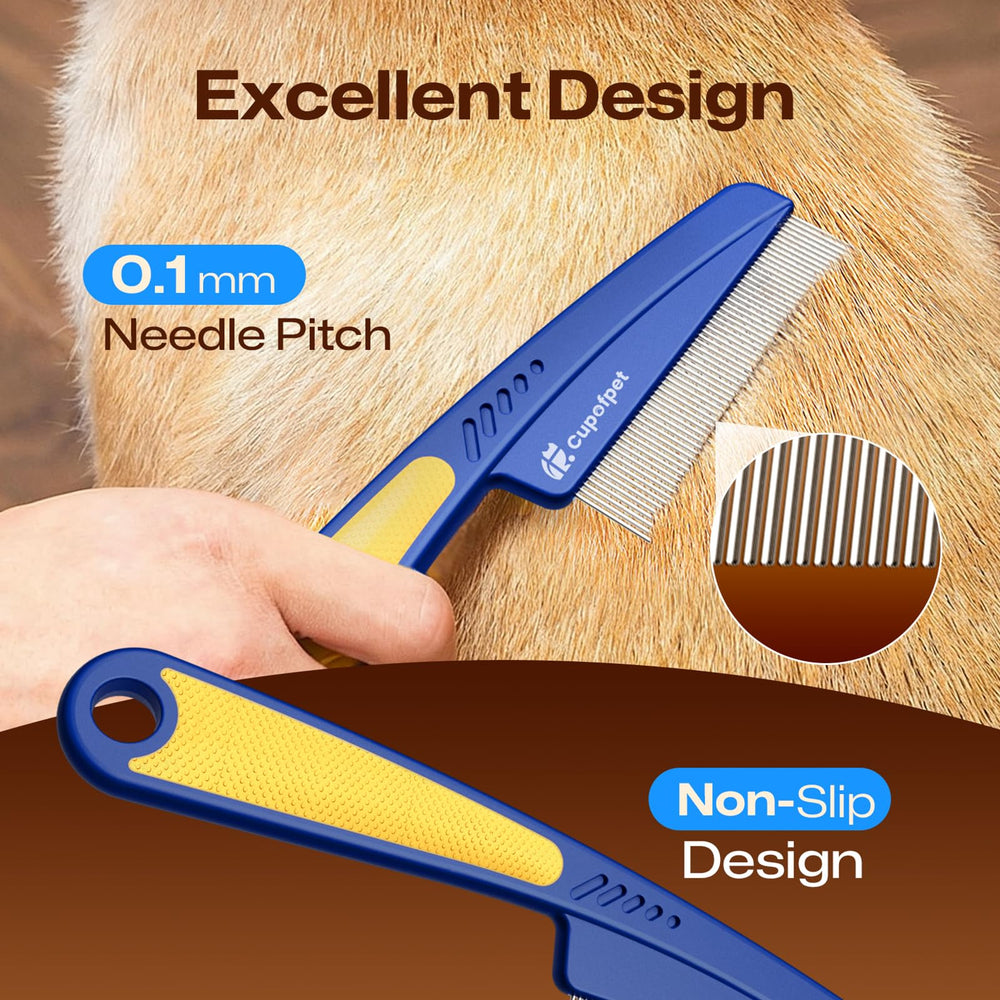 Cupofpet blue handle flea comb close-up with non-slip grip for comfort.