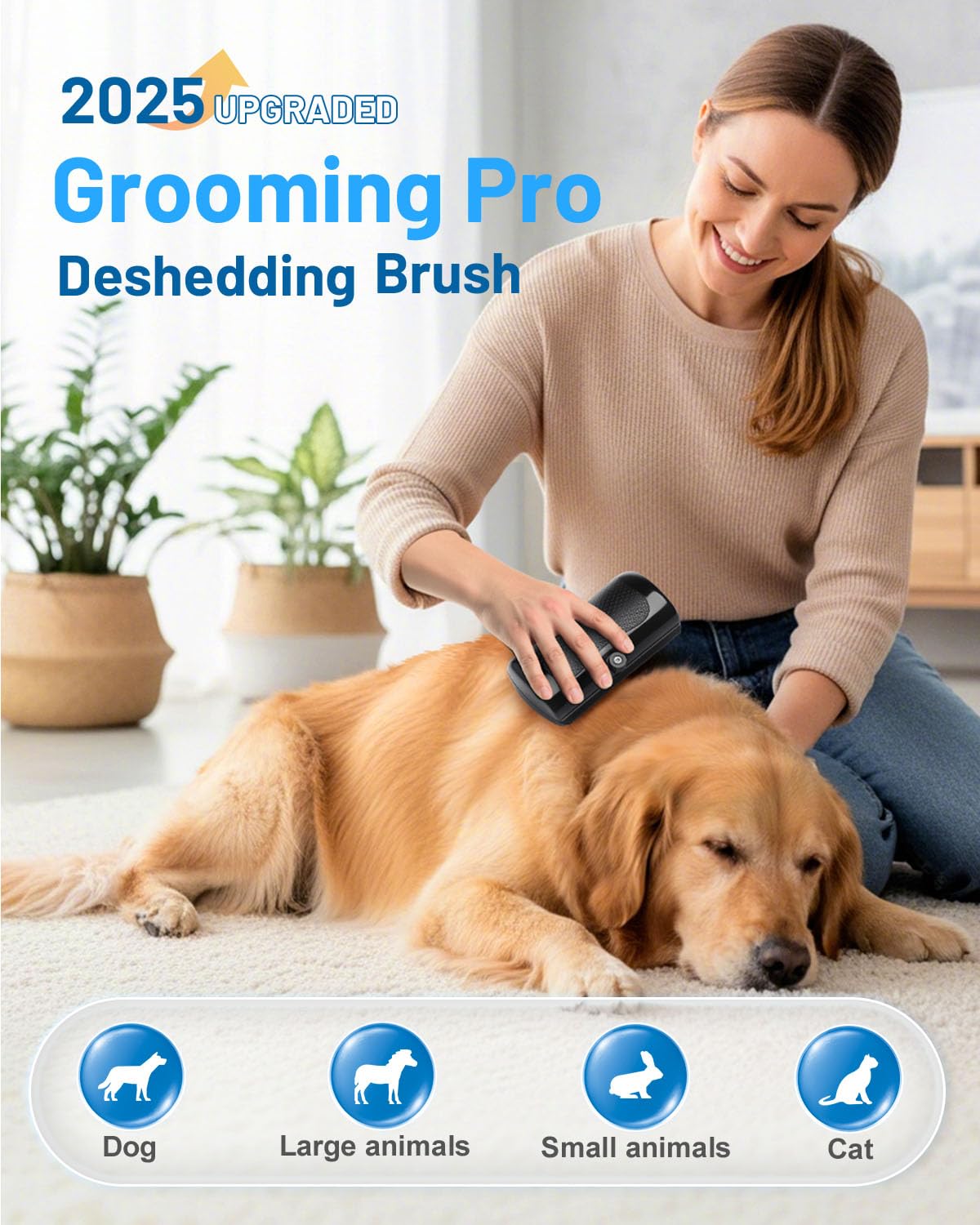 Cupofpet Groomingpro Deshedding Brush 2.0 side view ergonomic grip for comfortable sessions.