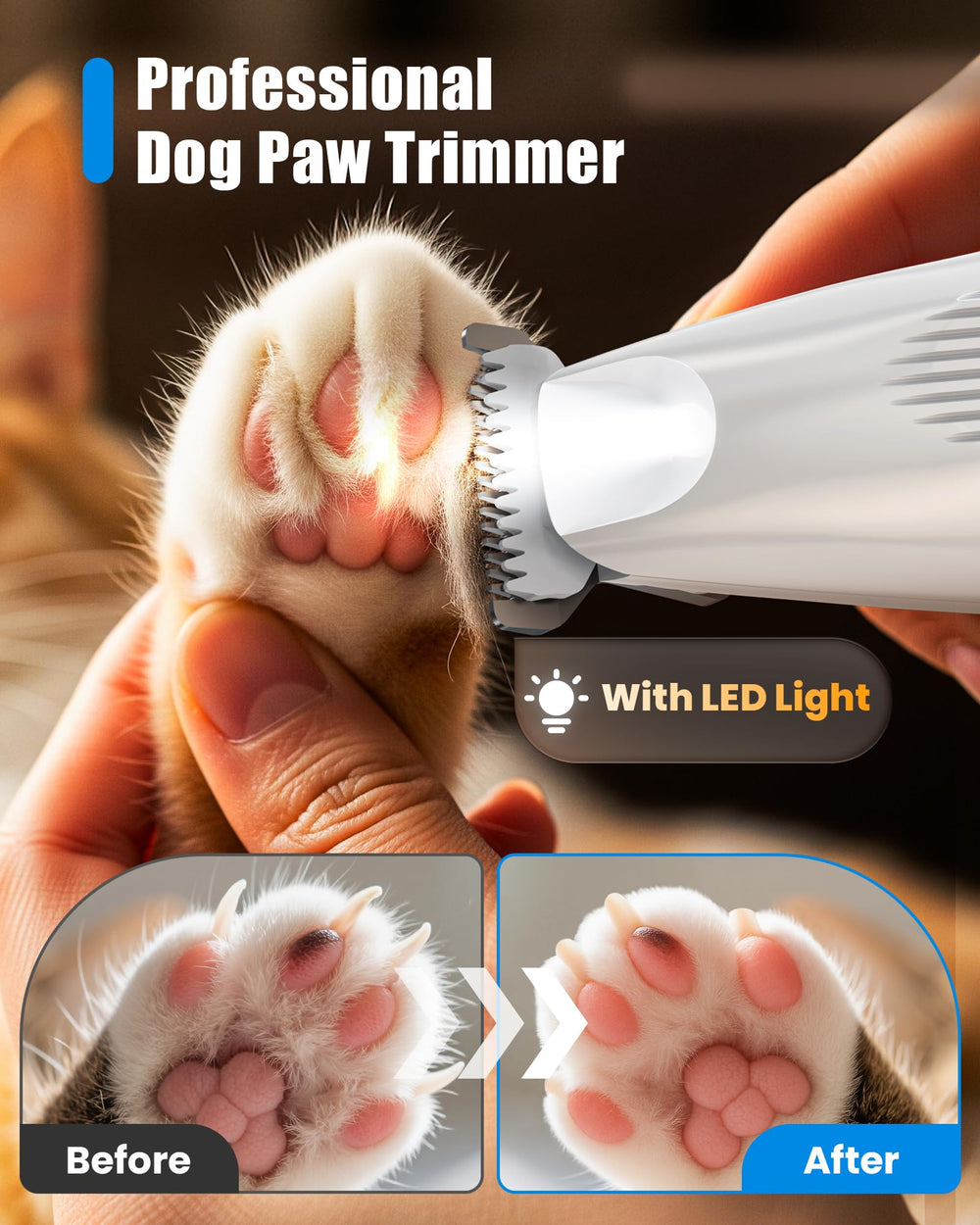Cupofpet low-noise paw-trimmer at 35dB reduces pet stress during grooming.