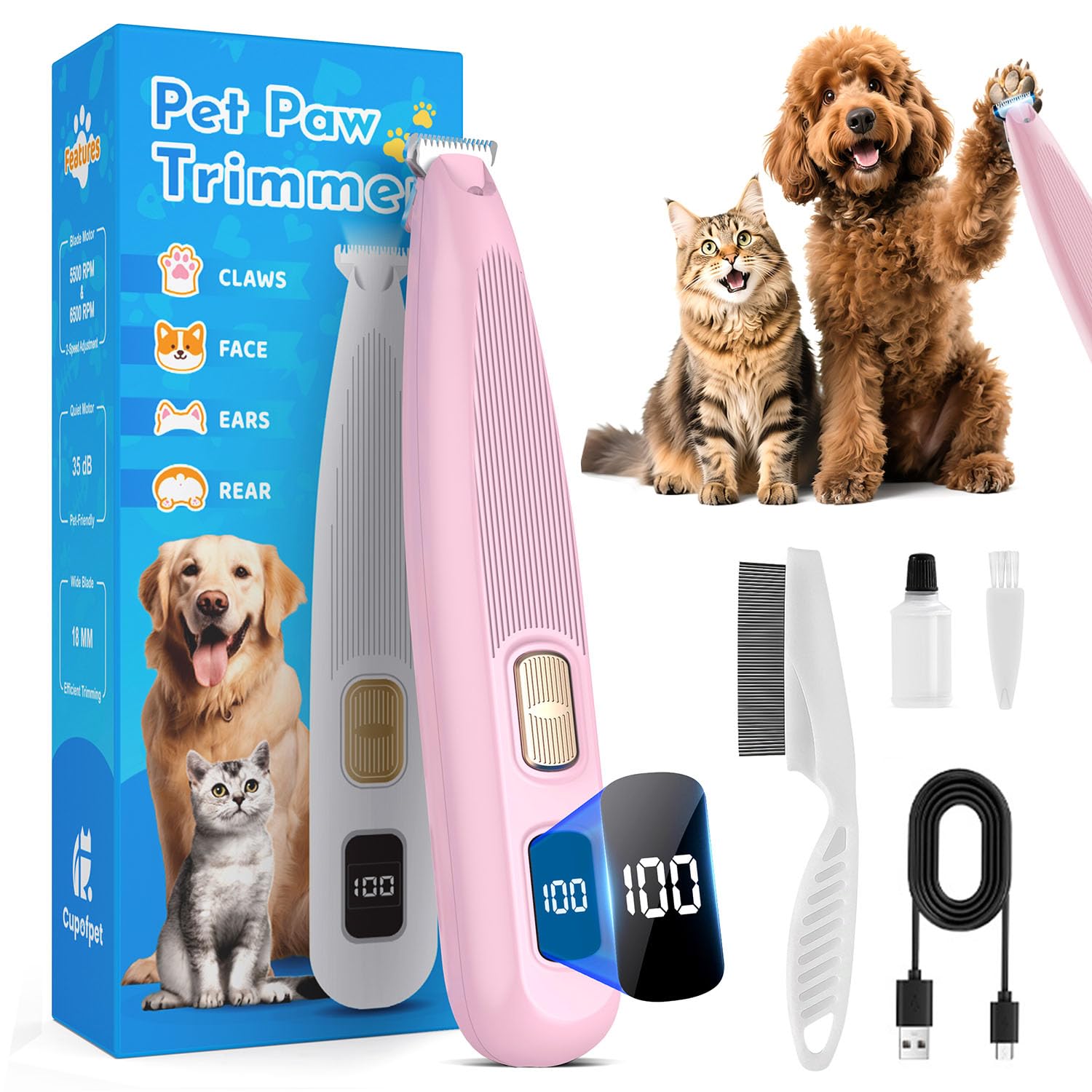 Cupofpet paw trimmer with LED light in pink front view for precise paw grooming.