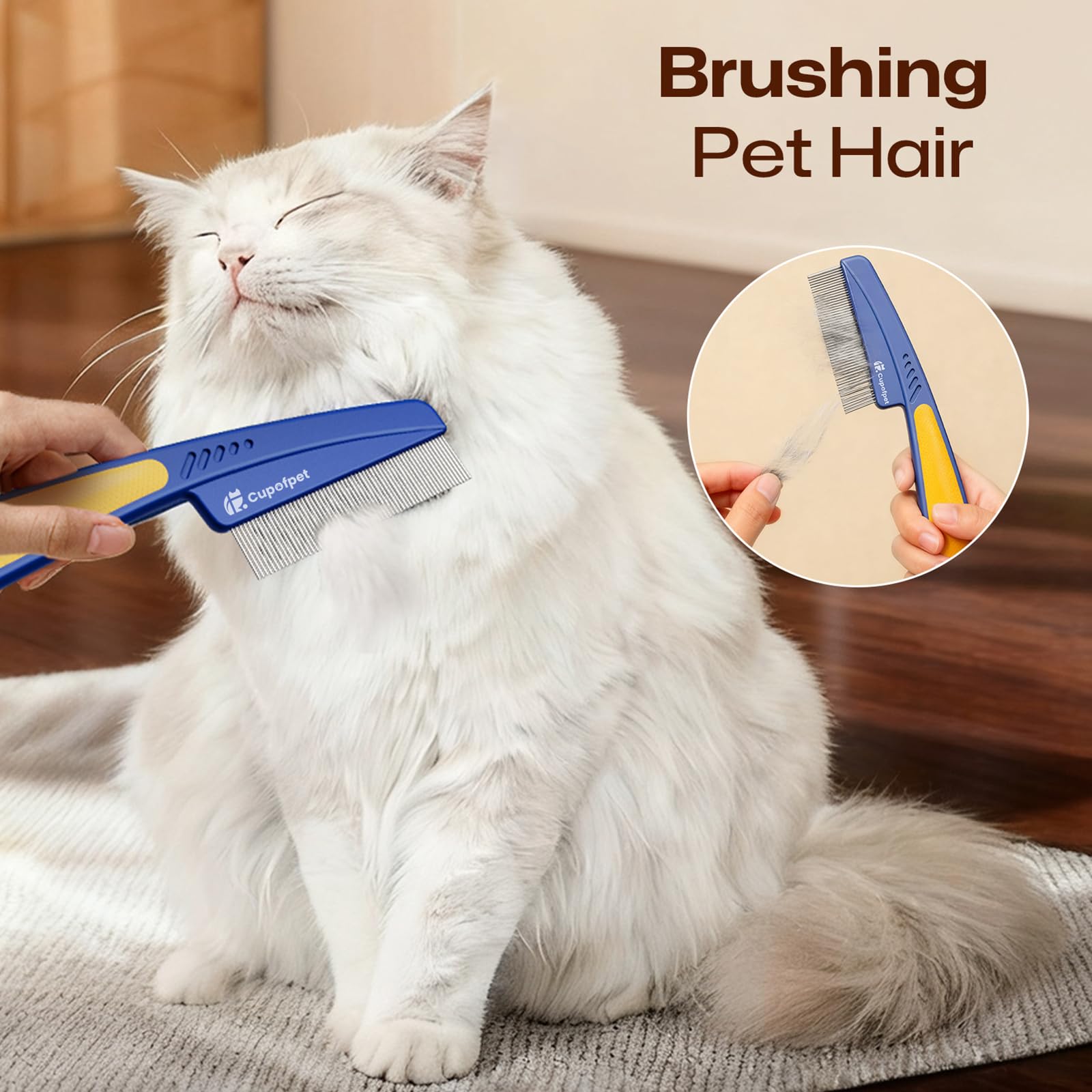 Cupofpet grooming scene with a cat being brushed for detangling and flea removal.