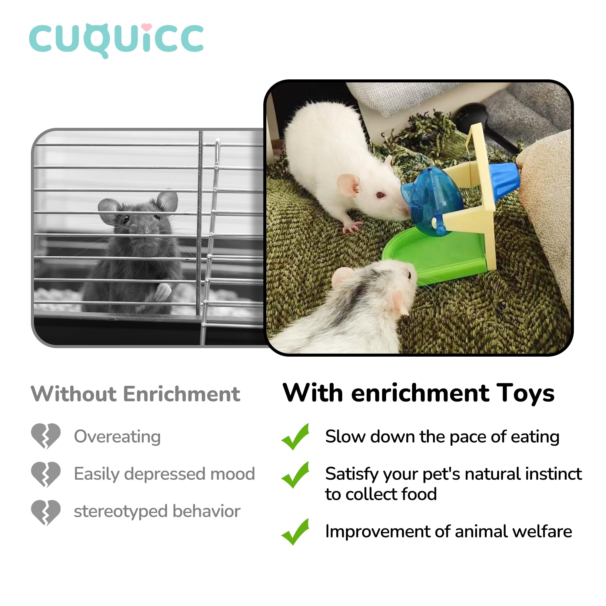 CUQUICC rat enrichment sniffing toy set mounted on cage for interactive foraging.