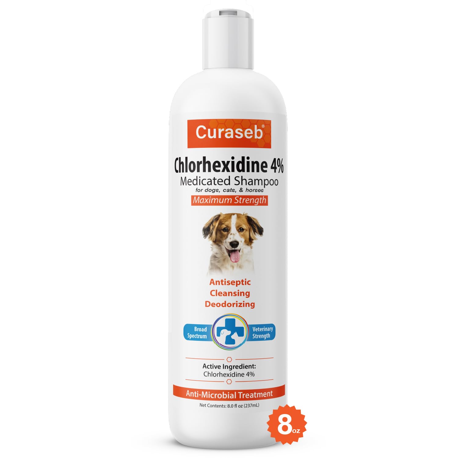 Curaseb Chlorhex 4% shampoo bottle for dogs and cats with vet-strength skin relief.