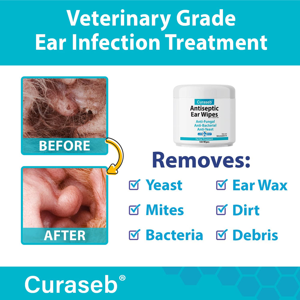 Curaseb ear wipes being applied to a pet's ear for soothing relief.