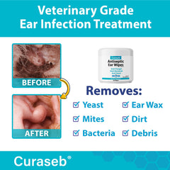 Curaseb ear wipes being applied to a pet's ear for soothing relief.