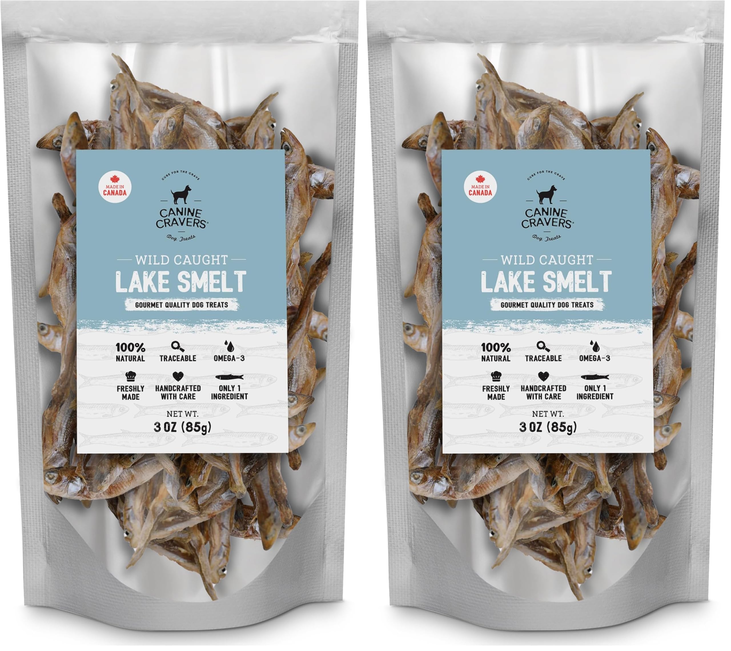 CURE FOR THE CRAVE Canine Cravers con pejerrey de lago salvaje, secado al aire, snack natural para perros.