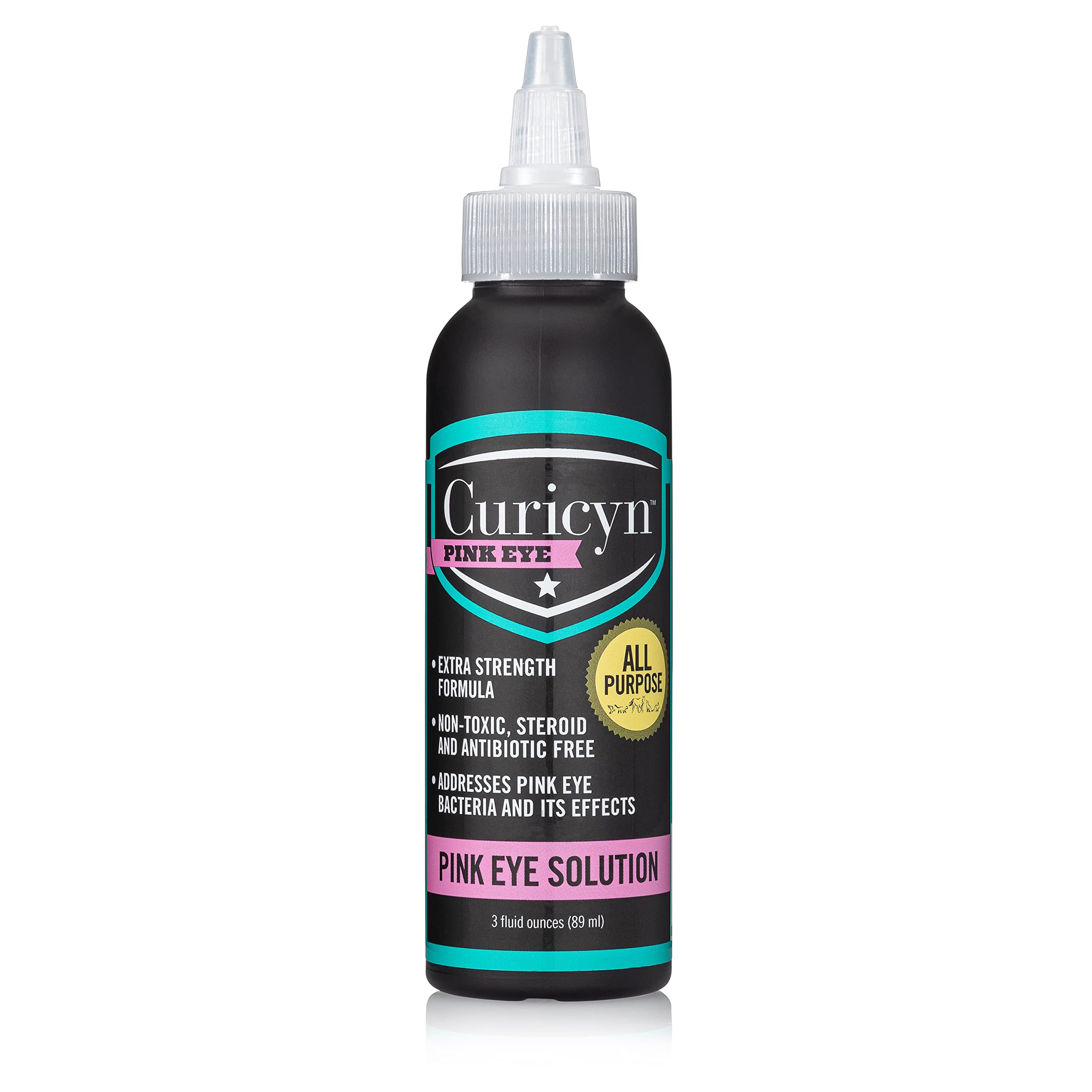 Curicyn Pink Eye Solution 3oz bottle for gentle, fast-acting pet eye care.