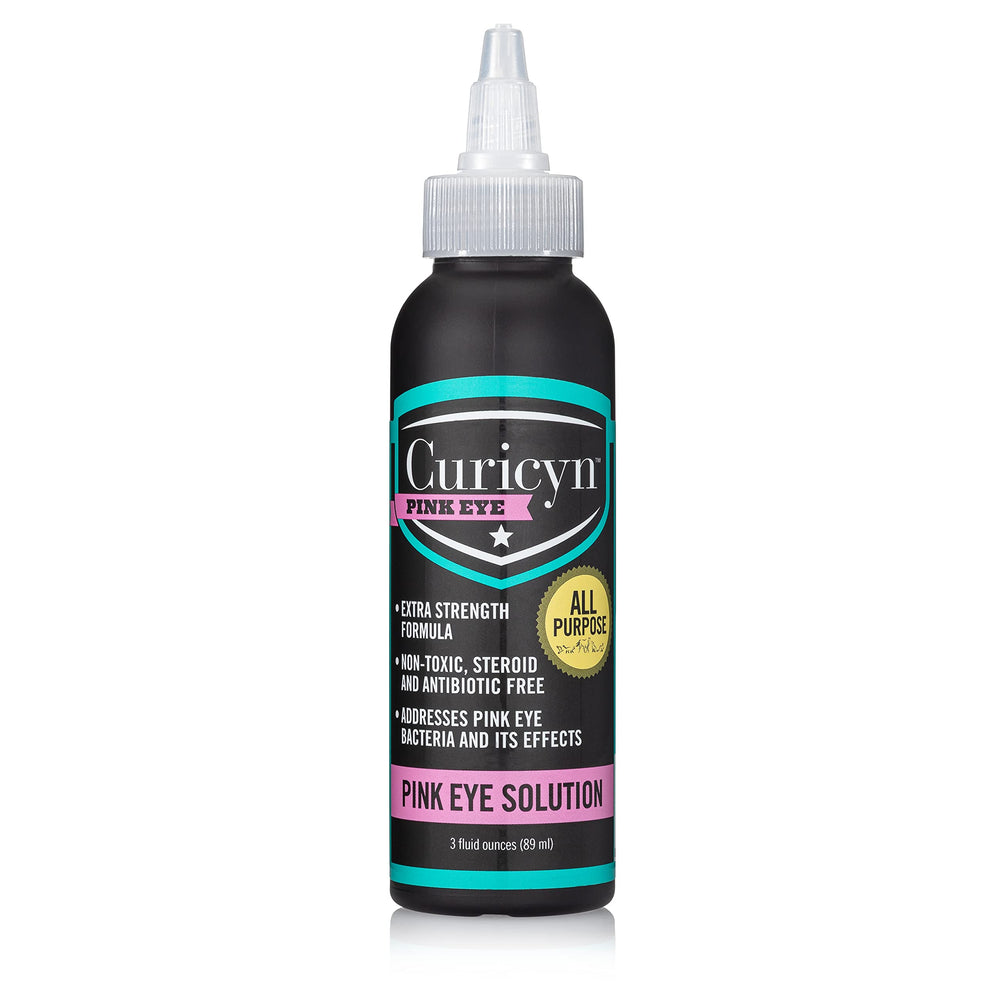 Curicyn Pink Eye Solution 3oz bottle for gentle, fast-acting pet eye care.