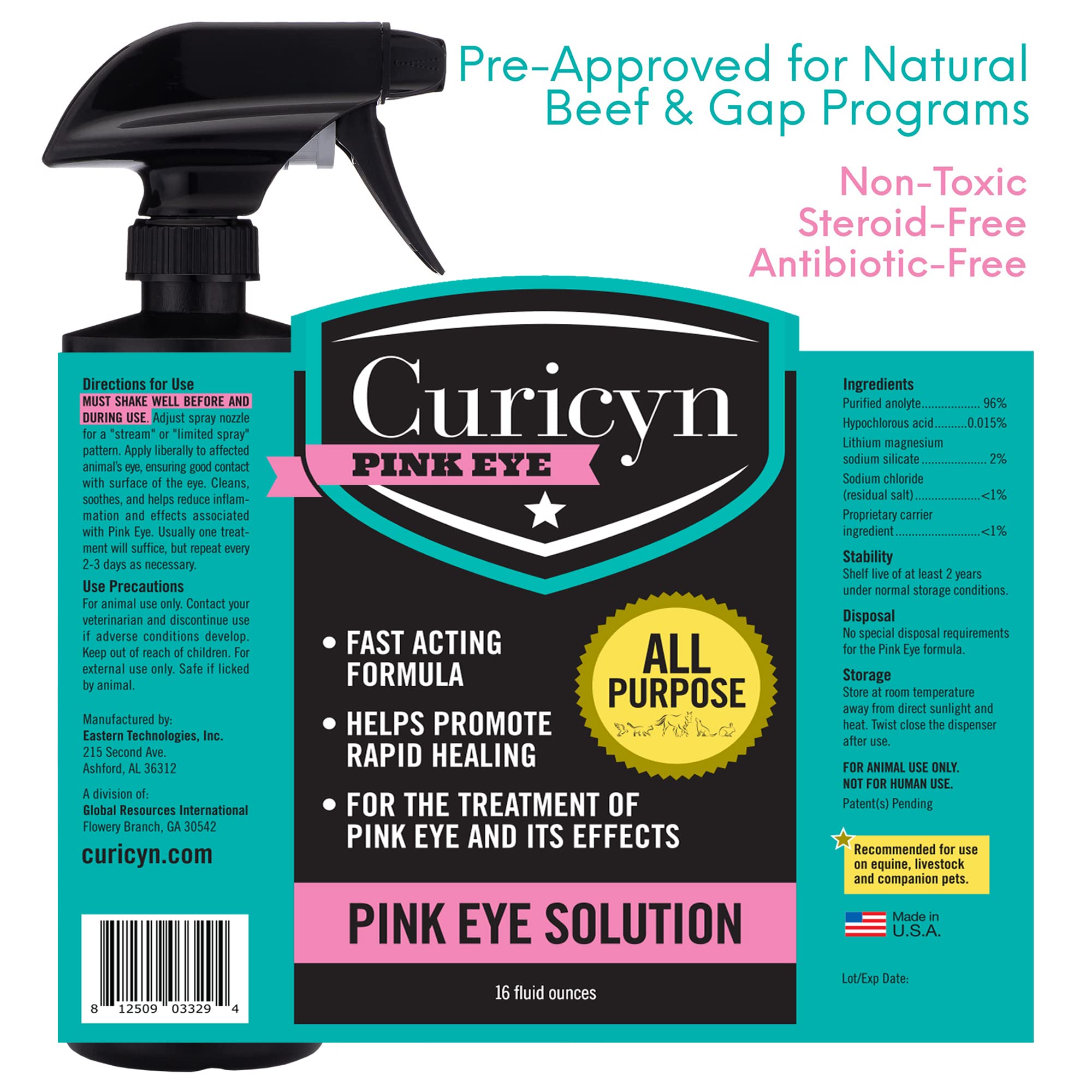 Curicyn Pink Eye Solution cat eye closeup highlights safety and comfort.