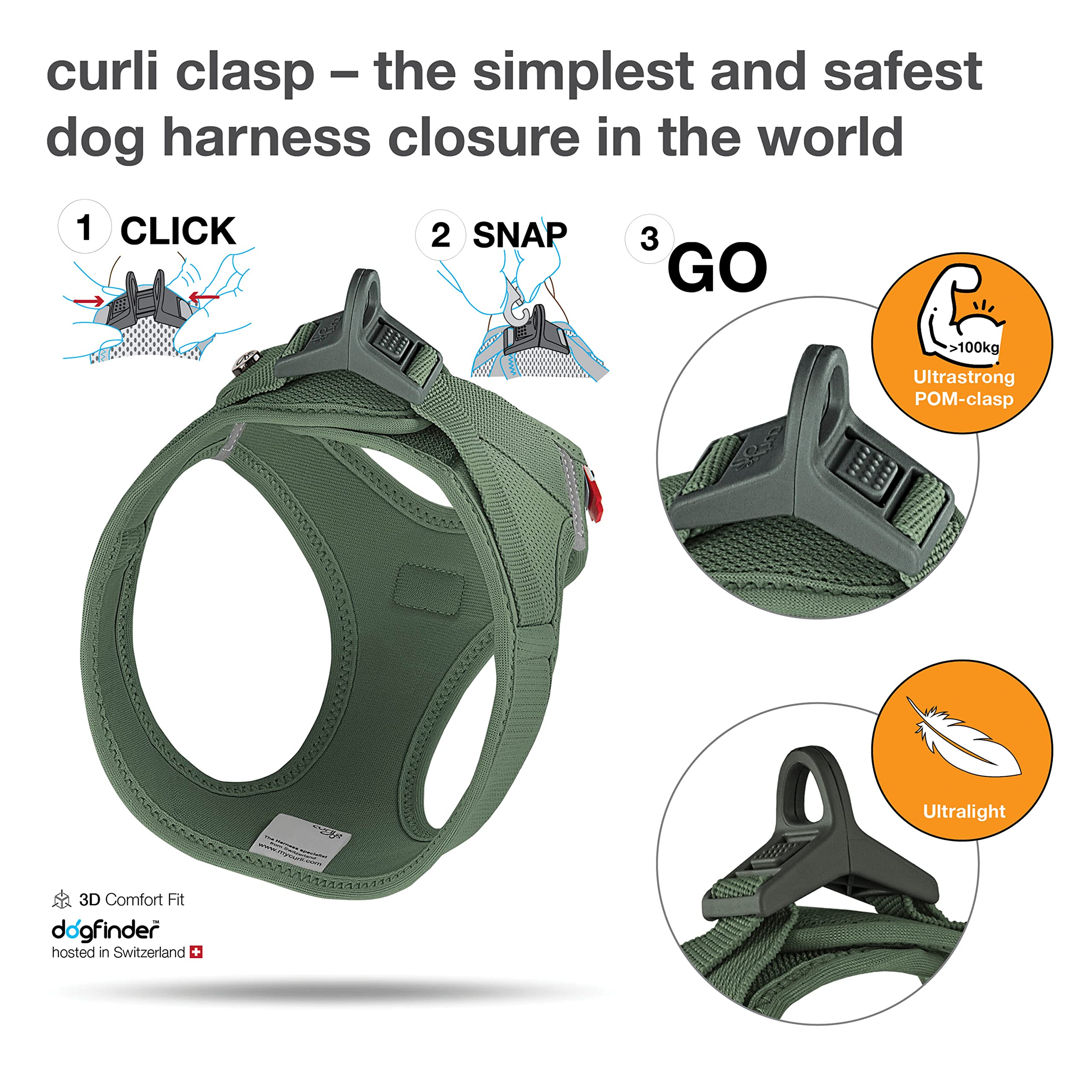 Curli Vest Harness clasp close-up shows light weight design and pressure-free comfort.