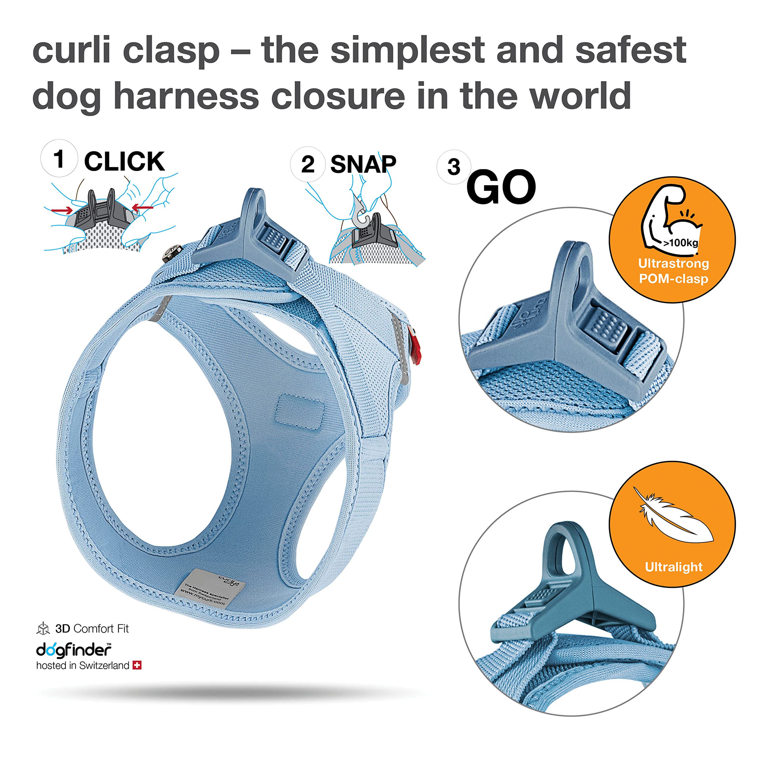 Curli Vest Harness Clasp Air-Mesh padding closeup emphasizes pressure-point protection and comfort.