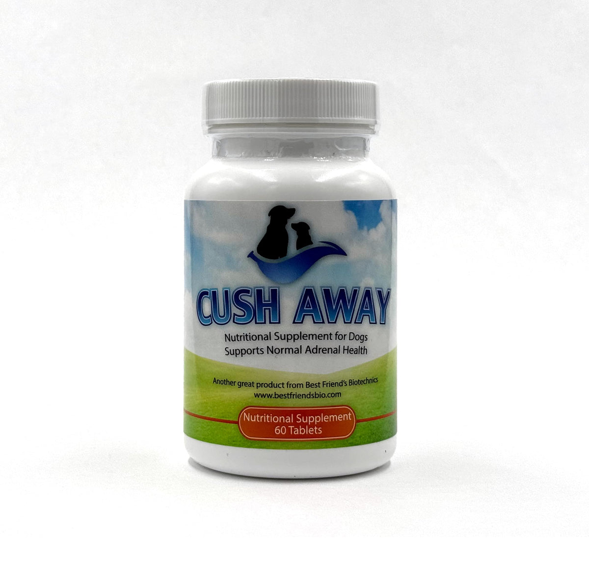 CushAway bottle label closeup highlighting a natural canine supplement for inflammation support.