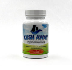 CushAway bottle label closeup highlighting a natural canine supplement for inflammation support.