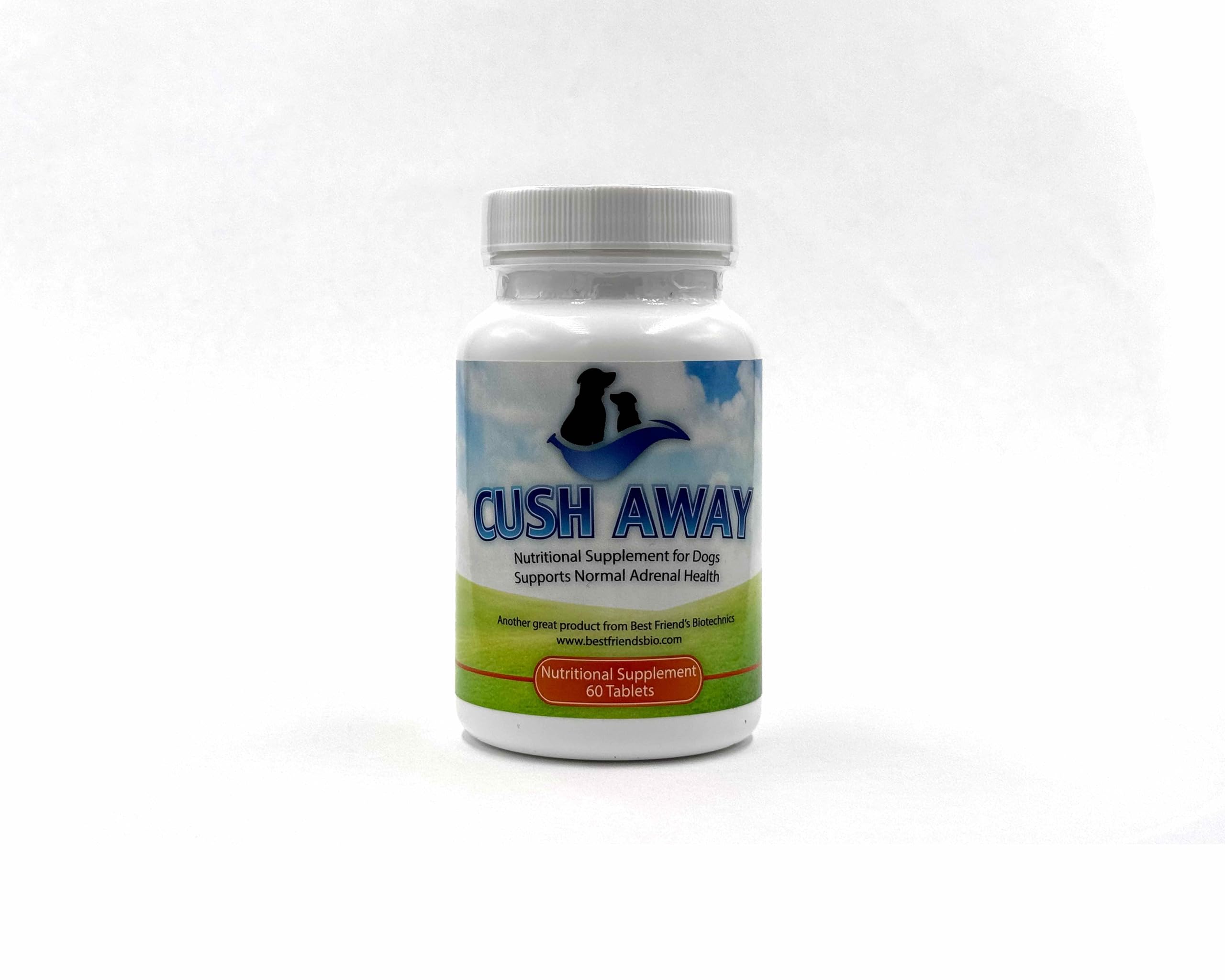 CushAway dog by supplement bottle suggests mood and energy support possibilities.