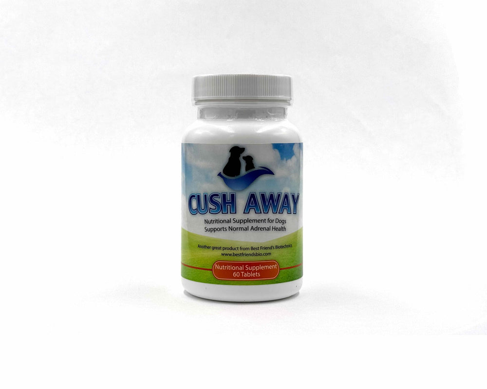 CushAway dog by supplement bottle suggests mood and energy support possibilities.