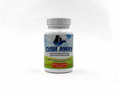 CushAway dog by supplement bottle suggests mood and energy support possibilities.