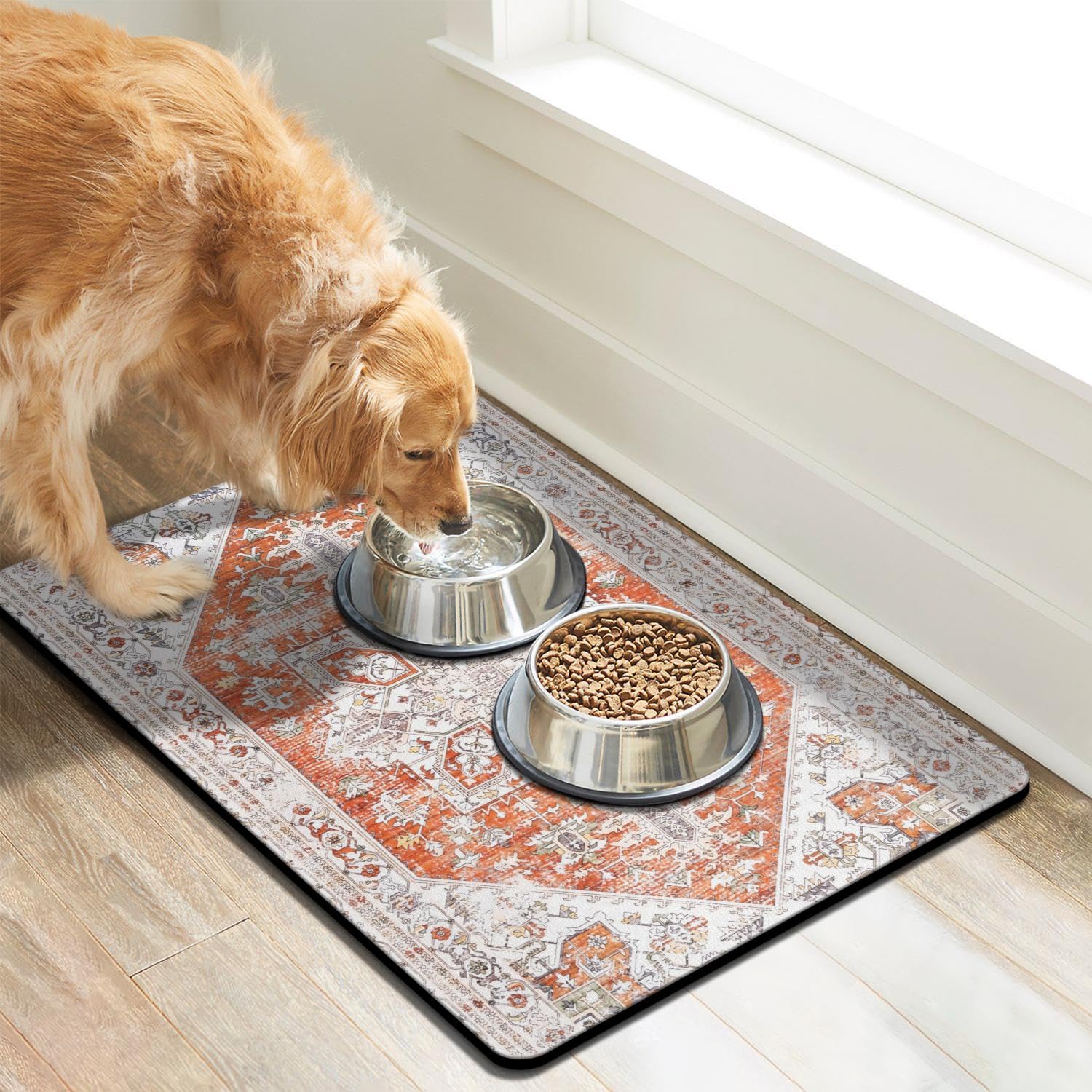 Cuslnox dog-bowl-mat-non-slip back keeps bowls steady during feeding.